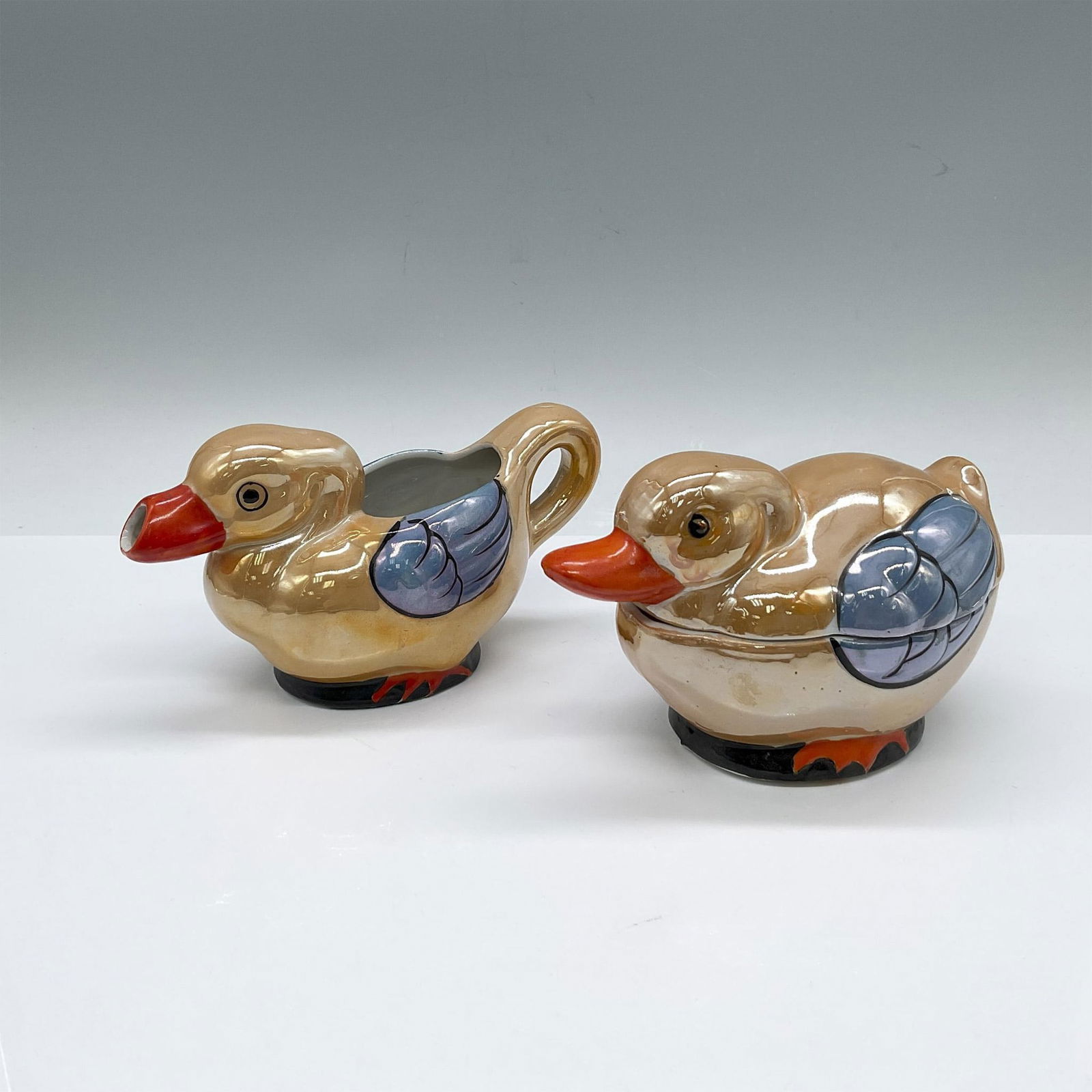 Pair of Japanese Lusterware Duck Creamer and Sugar Bowl (1 of 4)