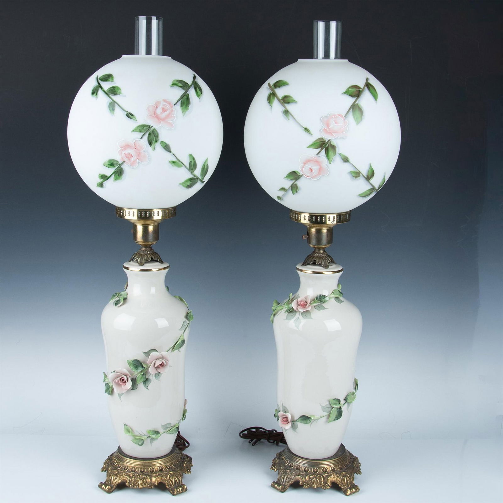 Pair of Porcelain Hurricane Globe Table Lamps, Pink Roses (1 of 9)