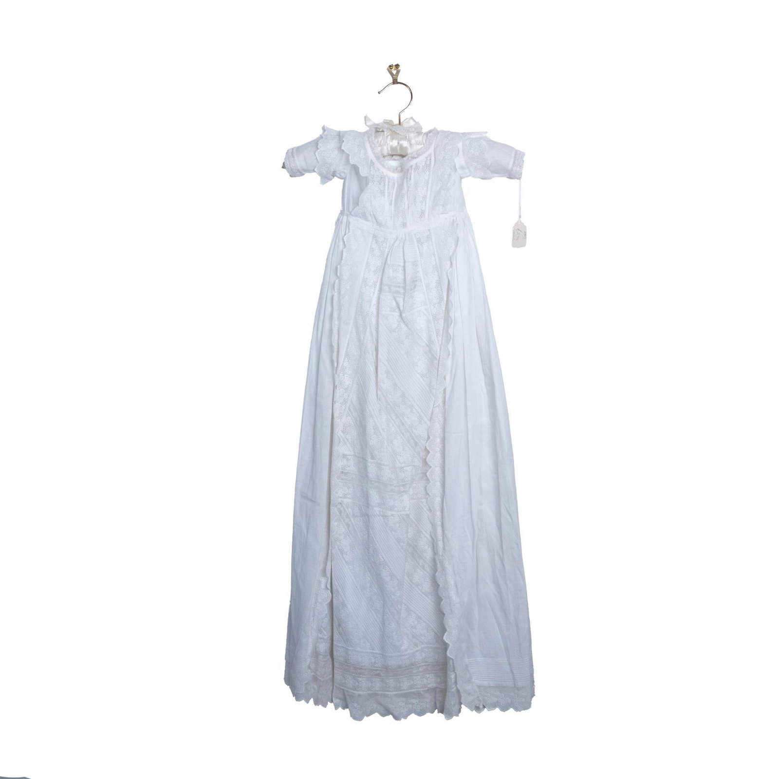 Antique White Linen Child's Christening Robe: Hand embroidered and hand sewn long robe with crocheted panels and hem. Issued: c. 1890 Dimensions: 41"L x 26"W