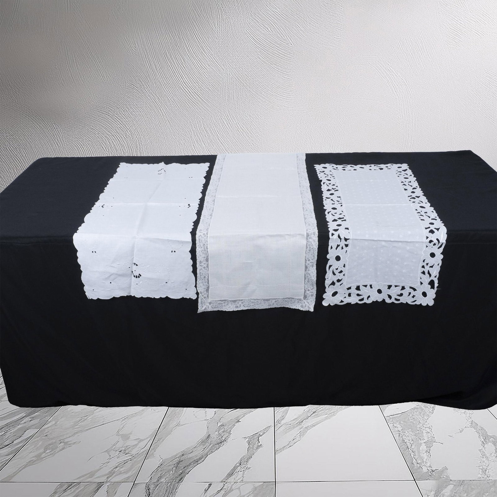 3pc Embroidered Linen, Table Runners: Lot includes white scalloped (34"L x 14"W); white floral edged (34"L x 13.5"W); and linen with crocheted edge (42"L x 14"W). Issued: 20th century Dimensions: See Description