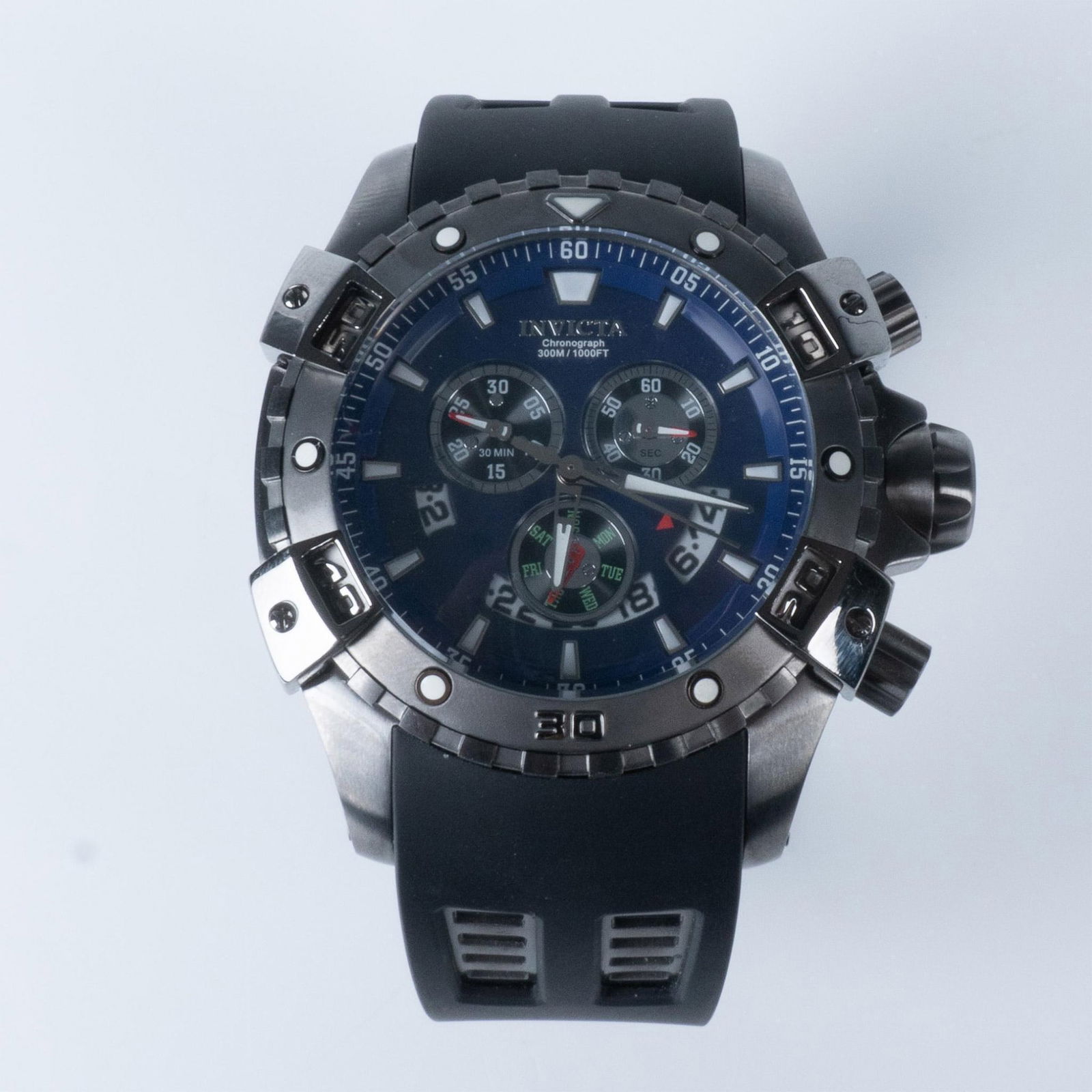 Invicta Model No. 6328 Specialty Chronograph Watch: This watch has a stainless steel case with unidirectional rotating bezel, screw down crown with two additional buttons, Flame Fusion crystal, and Swiss quartz function. It is water resistant 300m and