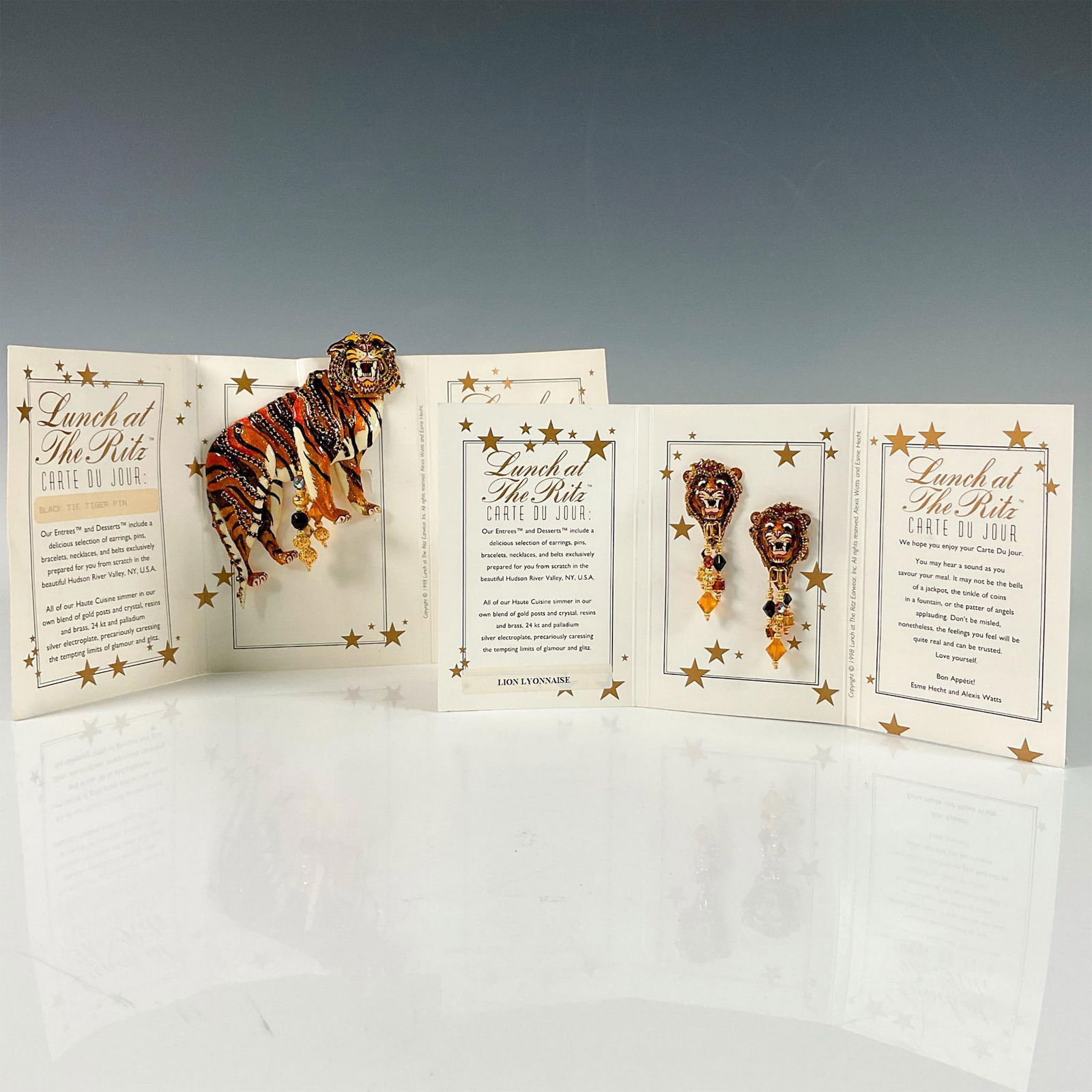 Lunch At The Ritz Enamel 24kt Gold Earrings & Brooch Pin, Wild Cats (1 of 6)