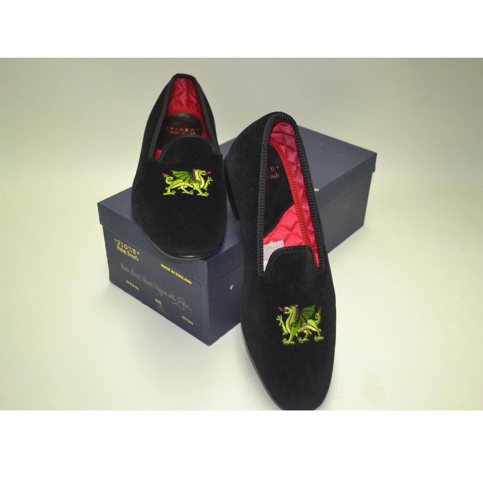 Mens Black Velvet Slippers with Griffin, Fiore Palm Beach: Mens Black Velvet Slippers with Griffin. Hand made, with a Hard Sole Bottom. Hand quilted elegant interior. Custom made in England for Fiore Palm Beach. Top quality and detail. Never worn, like brand 