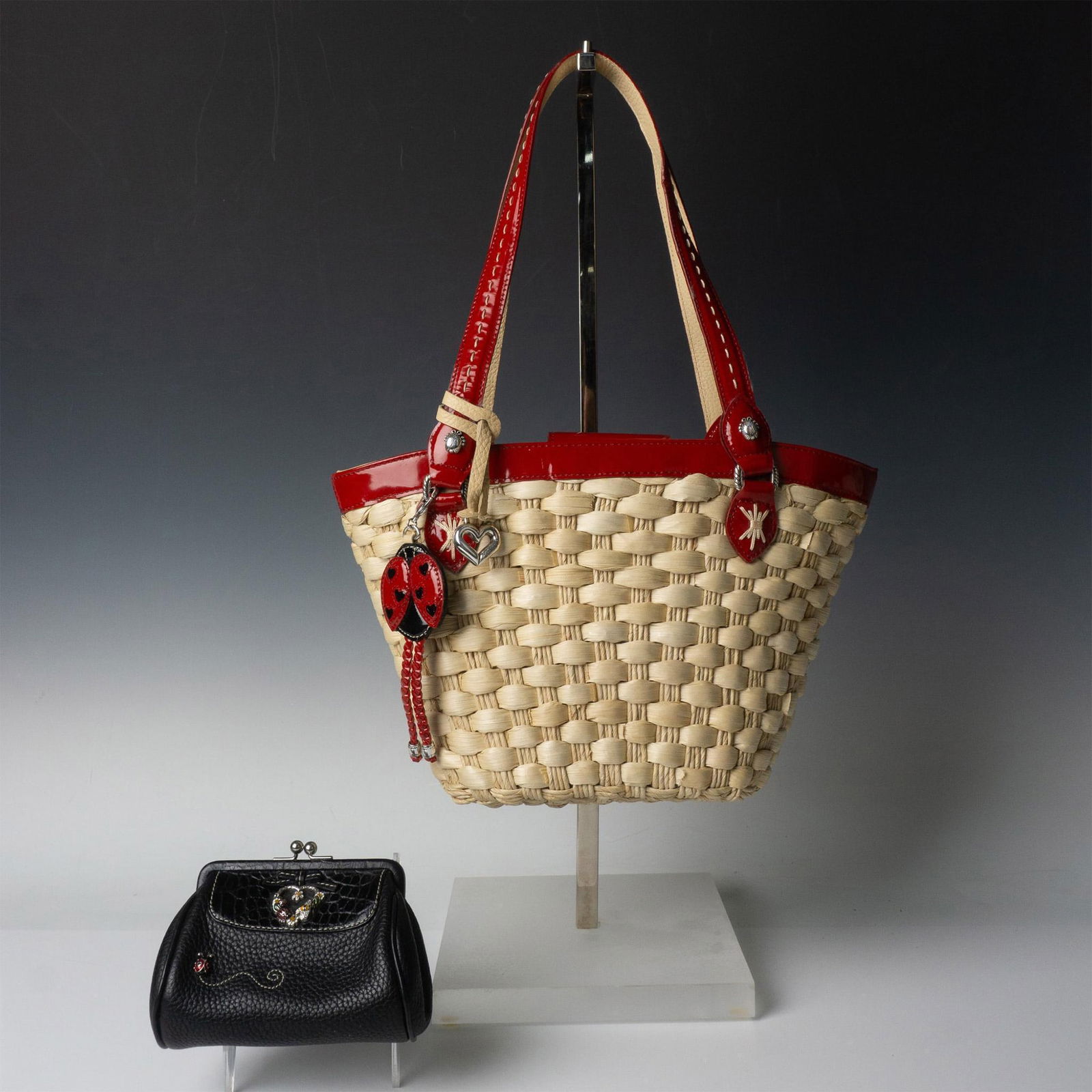 2pc Brighton Handbags, Straw and Black Leather, Ladybugs (1 of 10)