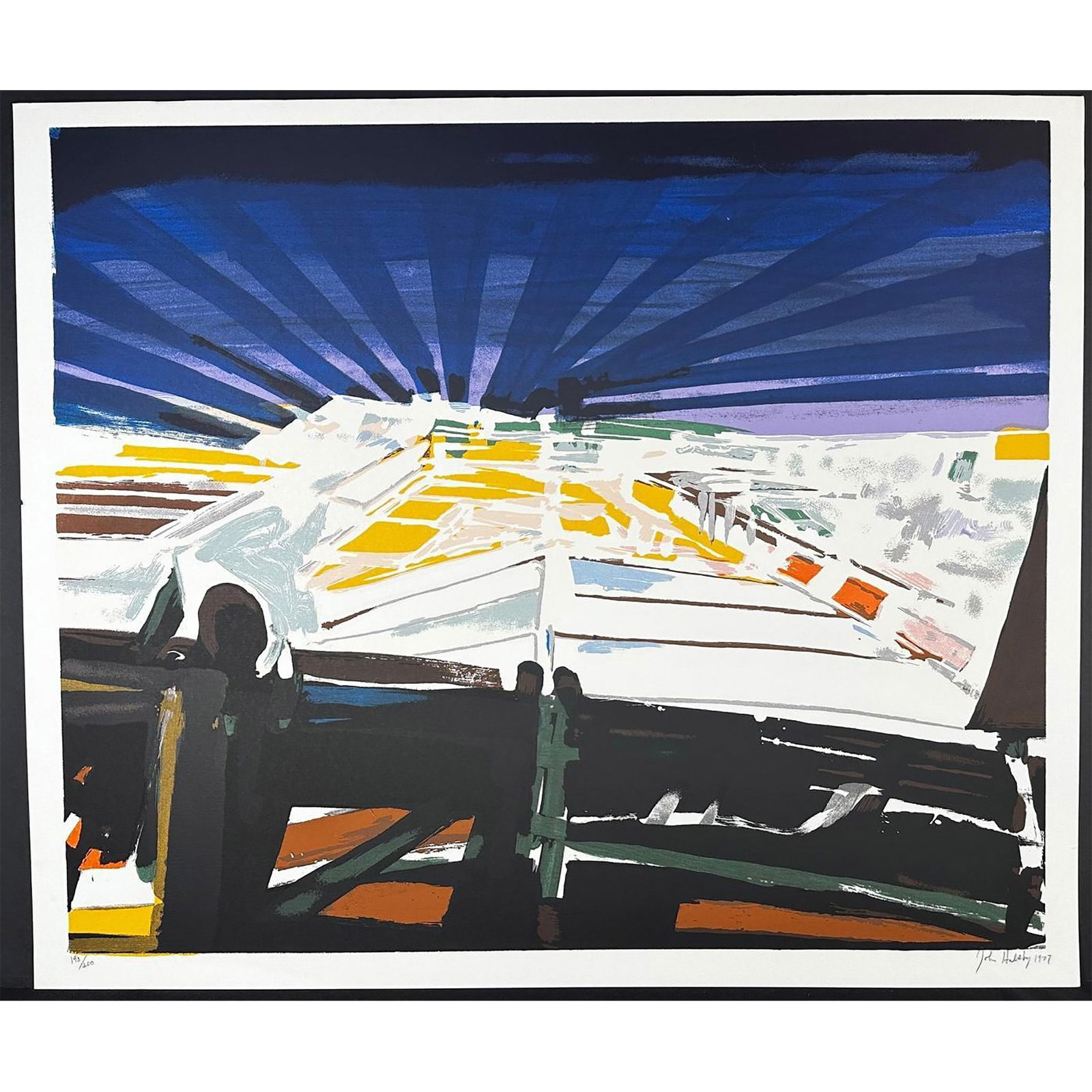 John Hultberg (American 1922-2005) Serigraph Barricade signed: Serigraph titled Barricade Signed lower right numbered 193/200. Sight size 36" x 24"