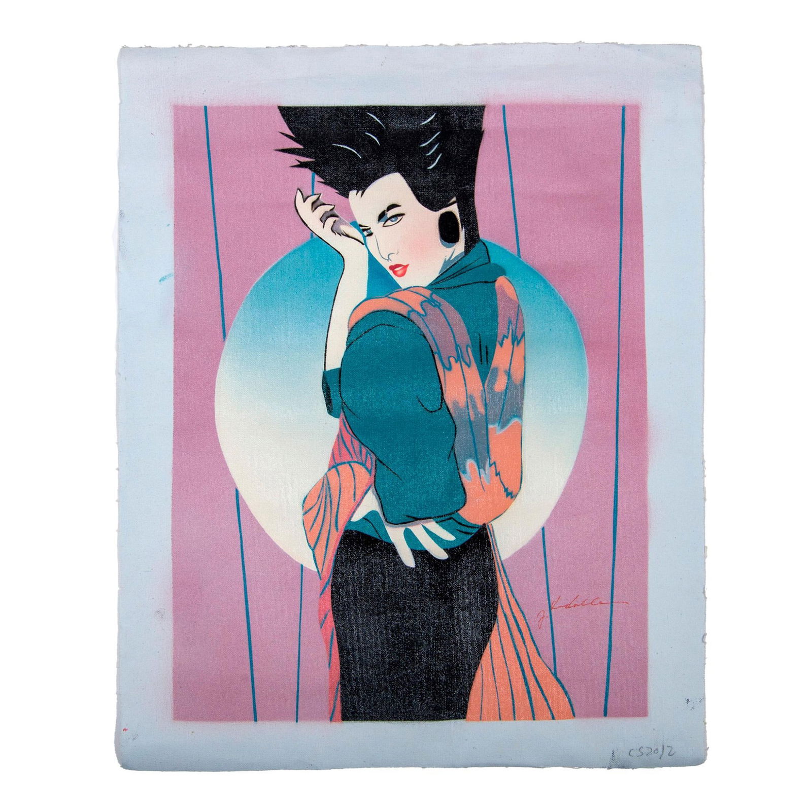 Robert Blue (Style of) Original Oil on Canvas, Signed: Original oil on canvas in the Art Deco style of American artist Robert Dunlap Blue (1946-1988). This typical Dunlap Blue Woman is made with a subdued palette of dusty rose, teal, and light peach touch