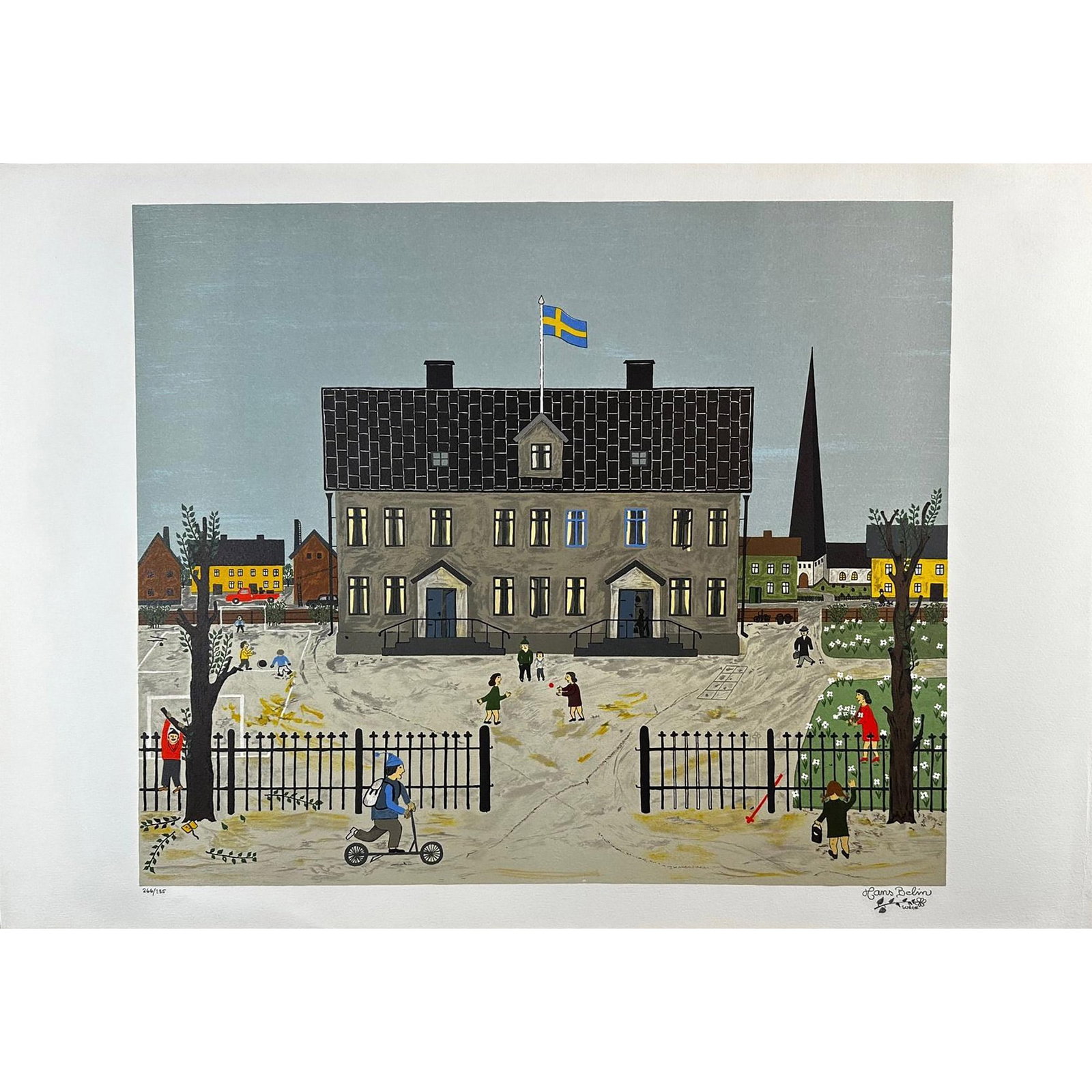 Hans Belin (Swedish 1936-2007) Lithograph Magnus on His Way To School Signed: Lithograph titled Magnus on His Way To School Signed lower right numbered 266/285. Sight size 29.5" x 20.5"