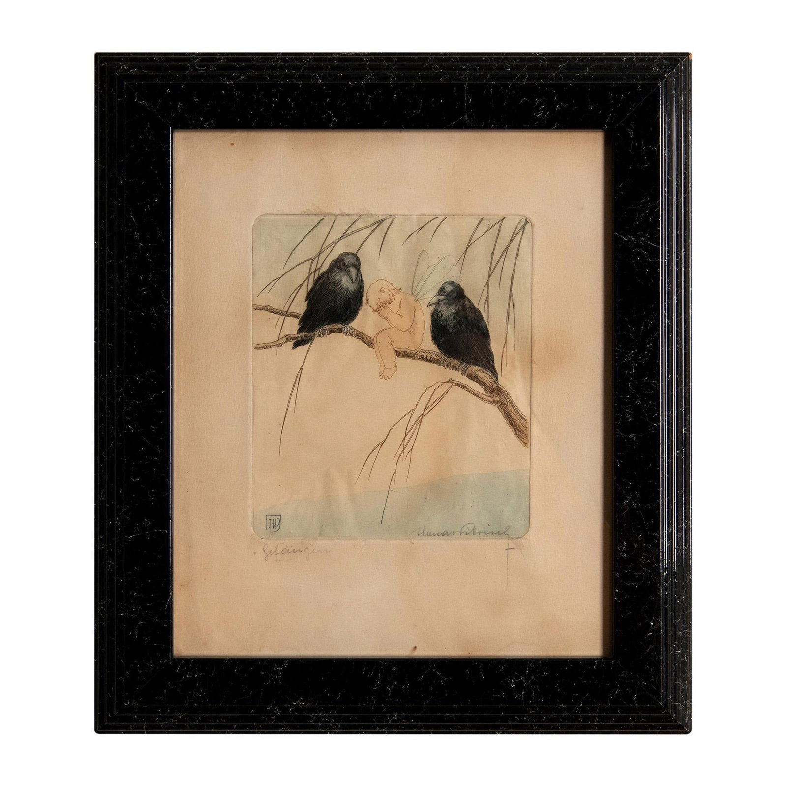 Original Color Engraving, Cherub and Two Crows, Signed: Color engraving that represents a crying cherub with butterfly wings seated on a branch in between two crows. Beautiful color palette with pastel blues that contrast with the dark blue black of the cr