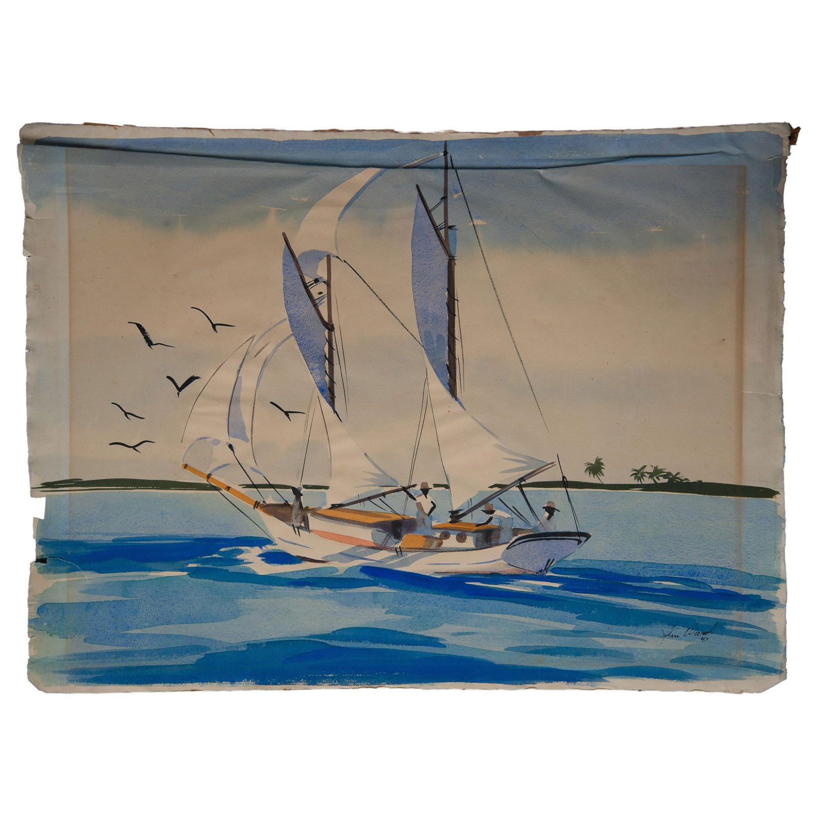 John Ward, Original Watercolor on Paper, Tropics, Signed: Large watercolor on laid paper by artist John Ward who uses a splendid range of blues on white to convey a tropical sea's clarity that reflects on the sailboat. Signature and date on lower right: John
