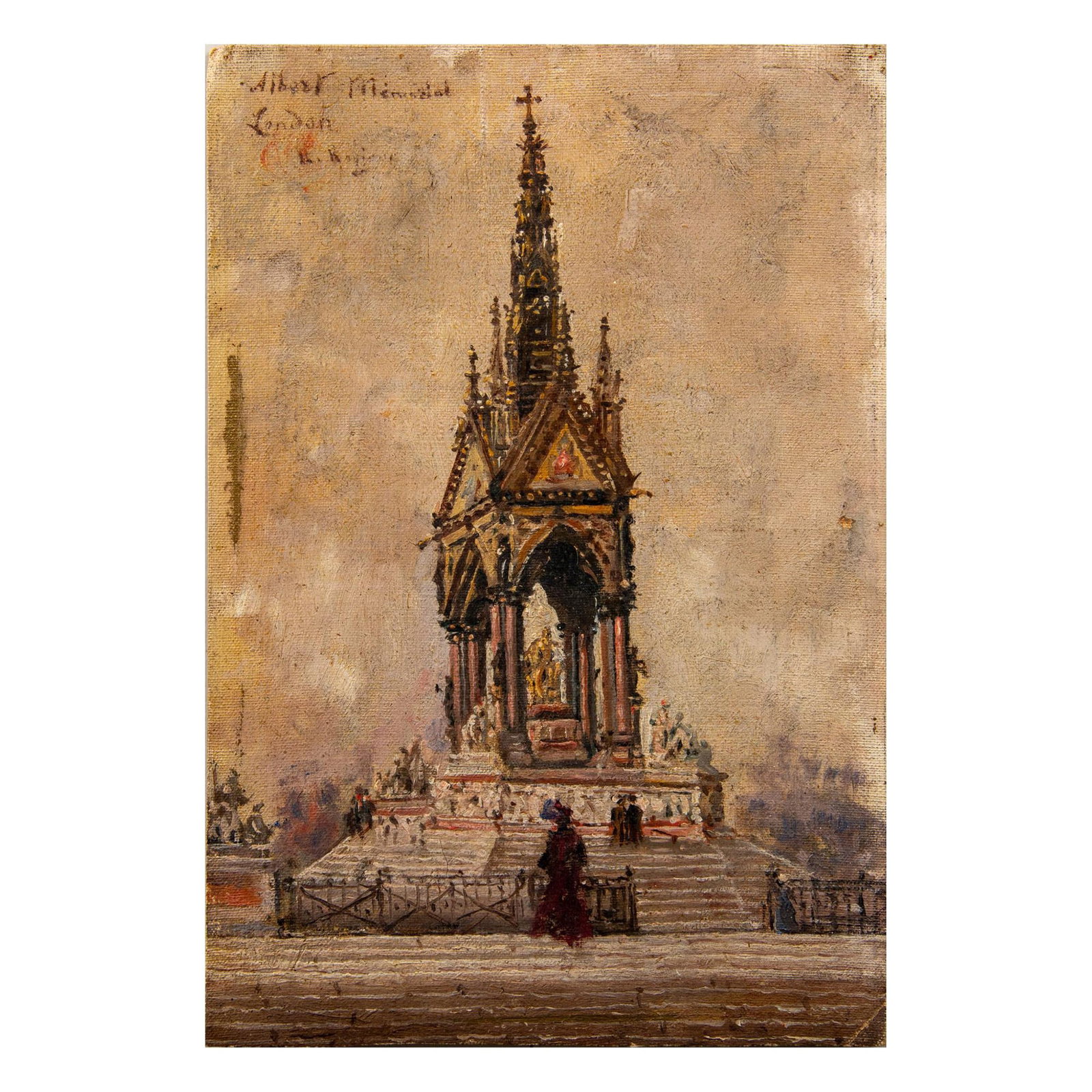 Original Oil on Board, Albert Memorial London, Signed: Oil on board of the Albert Memorial in London with figures dressed in turn-of-the-century fashion. The artist has rendered the steps and the monument's details with thick and thin touches of paint tha