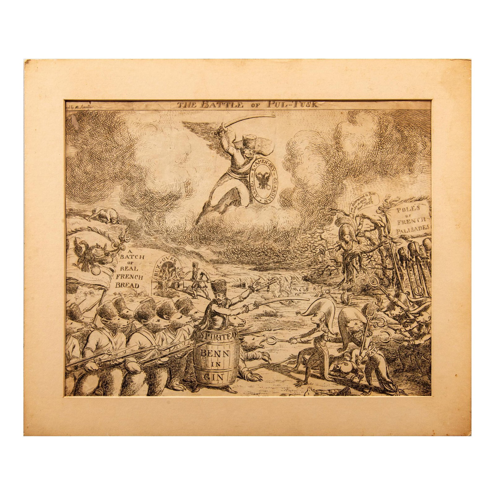 Charles Williams (Attr.) Black and White Etching: The Napoleonic Battle of Pul-Tusk is a very detailed satirist etching that depicts the Russo-Prussian army as anthropomorphic bears and the French forces as monkeys with pliers trying to remove the fi