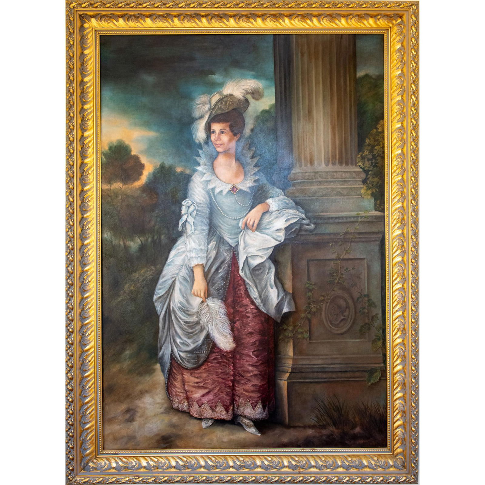 Large Scale Painting, Oil on Canvas, Mrs Adrienne Arscht: Museum quality portrait painting of Adrienne Arscht After Thomas Gainsborough's (English 1727-1788) original oil painting of Mrs. Graham. Housed in an extravagant carved giltwood frame. Sight size: 47