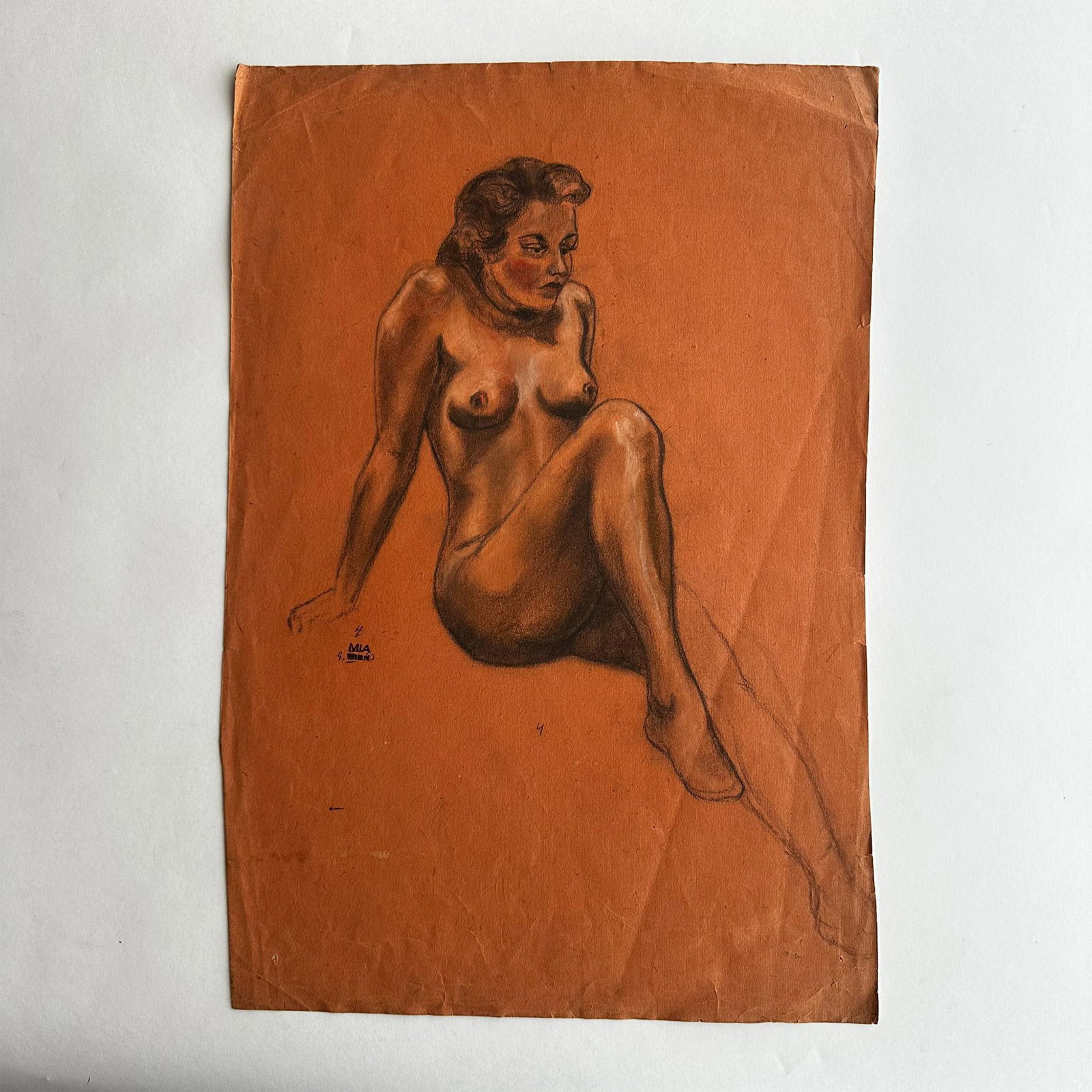 Large Original Pastel and Sanguine Drawing on Paper, Signed: Large original pastel and sanguine drawing on mandarin colored paper of a nude woman partially seated. Graphite initials signature and stamp on center left: MG? MIA Wien. Artwork dimensions: 13"L x 19