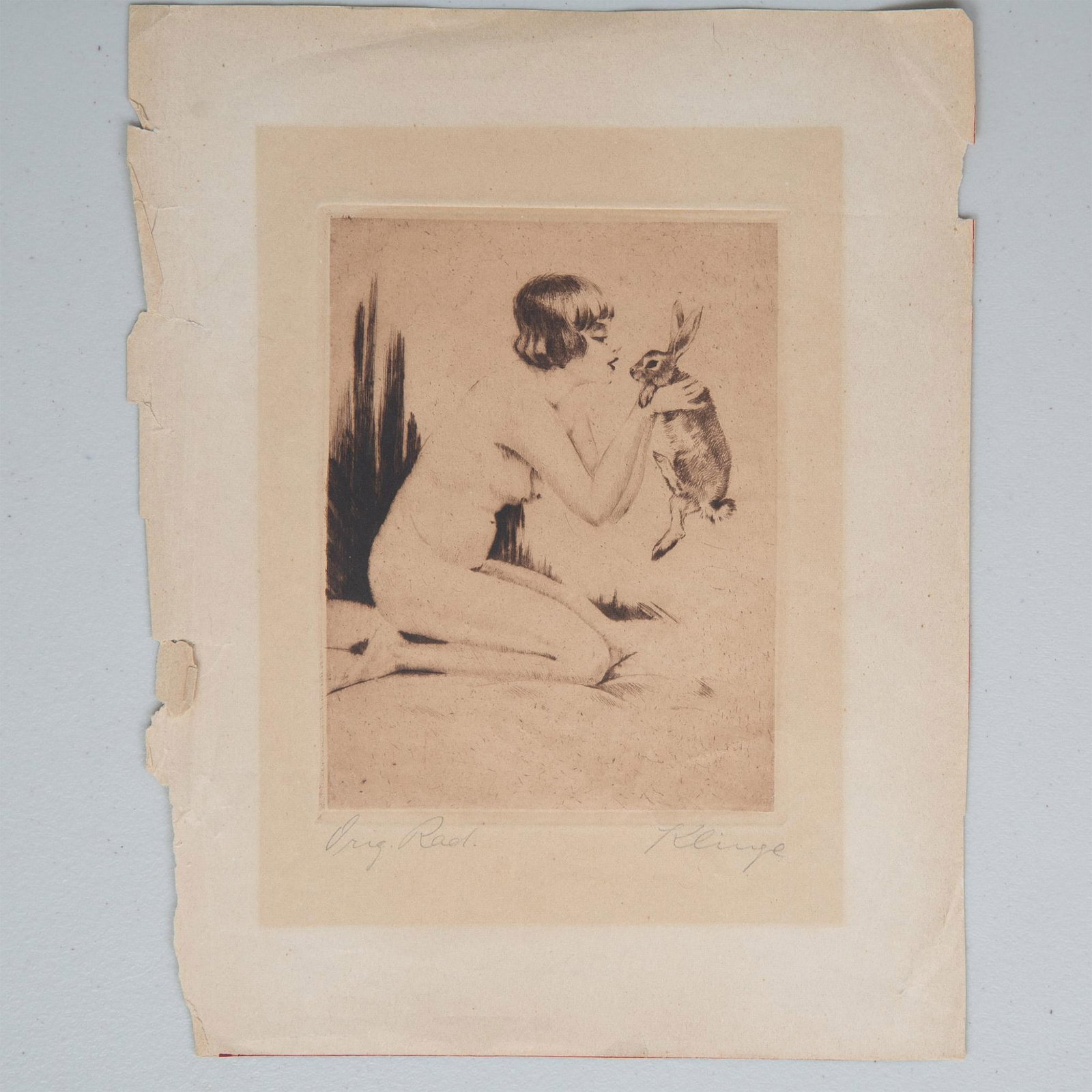 Antique Etching Print, Nude with Hare: Beautiful and interesting etching print on paper of a nude woman with a cropped haircut holding a hare. Illegible handwritten pencil notes/signature to the bottom border. Dimensions: 9"W x 11.5"H