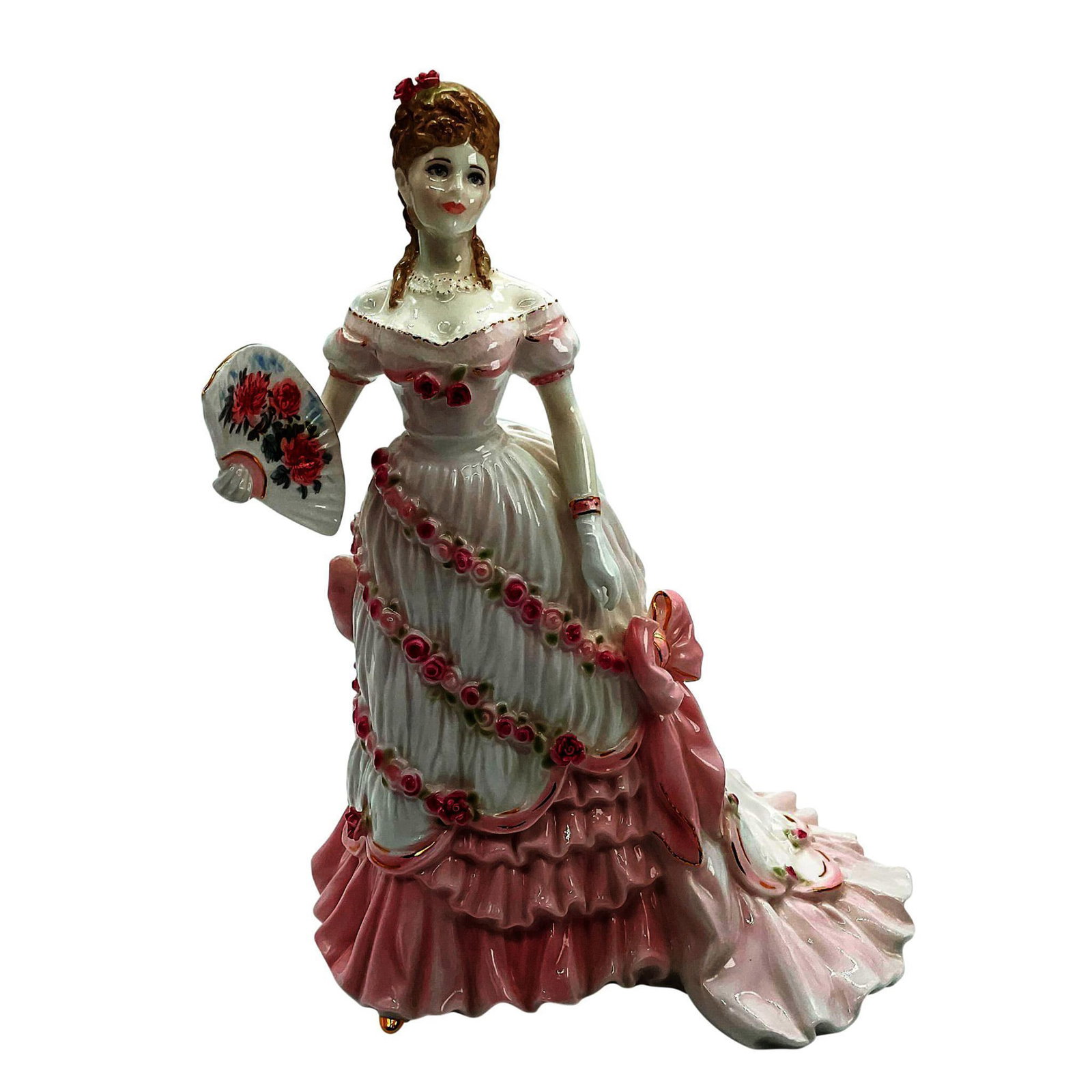 Royal Worcester Figurine, A Celebration At Windsor: Limited edition fine bone china that is part of the Splendour At Court Collection. Depicts lady a soft pink and white off the shoulder gown with rose patterns and matching hand fans; gold gilt shoes, 