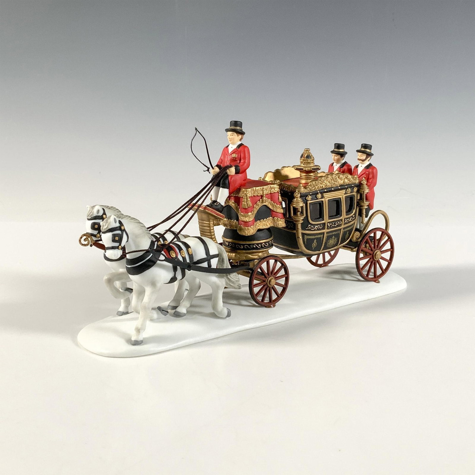 Limited Edition, The Queens Parliamentary Coach Figure: This regal buggy with its majestic horses, driver and guardsman are modeled after the Irish State Coach, the one Queen Victoria traveled in to Parliament during the late 1850's. This piece was retired