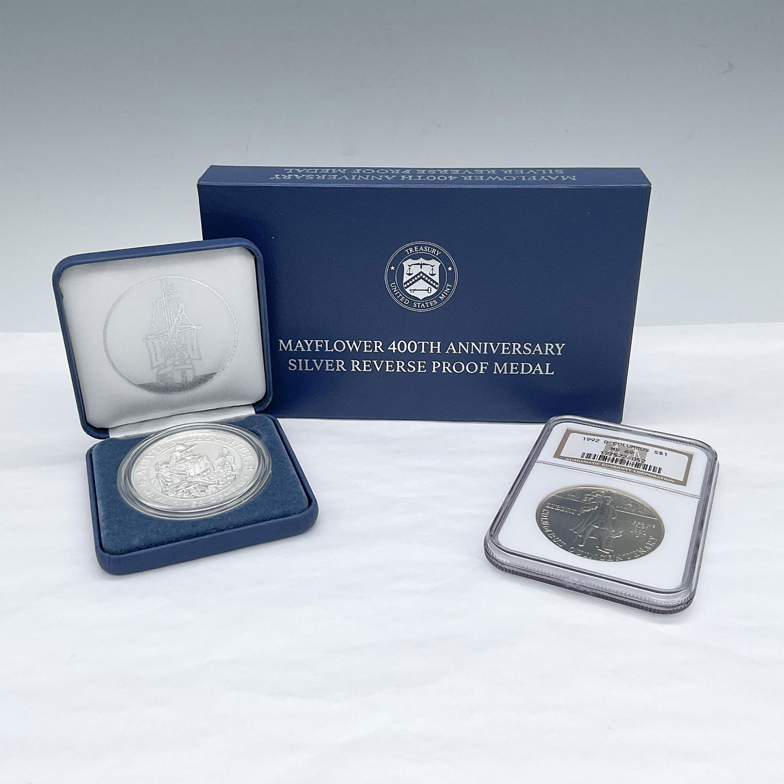 2pc 1992-D Columbus Silver Dollar NGC MS69 and 2020-P Mayflower 400th Anniv. Silver Medal (1 of 3)