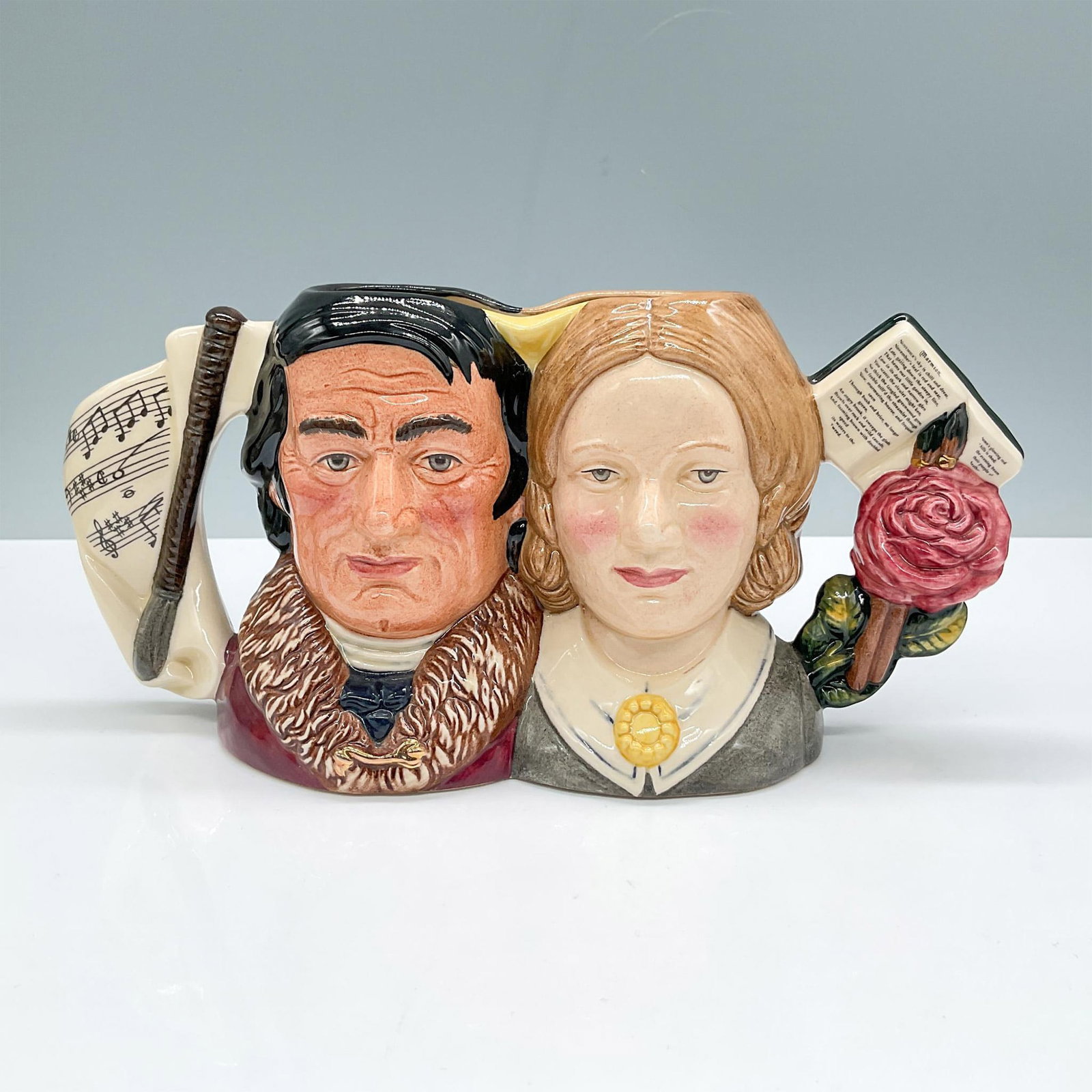 Jane Eyre and Mr. Rochester D7115 - Small - Royal Doulton Character Jug: Royal Doulton backstamp. Artist: William K. Harper Issued: 1998 Dimensions: 4.75"H Edition Number: 46 Manufacturer: Royal Doulton Country of Origin: England