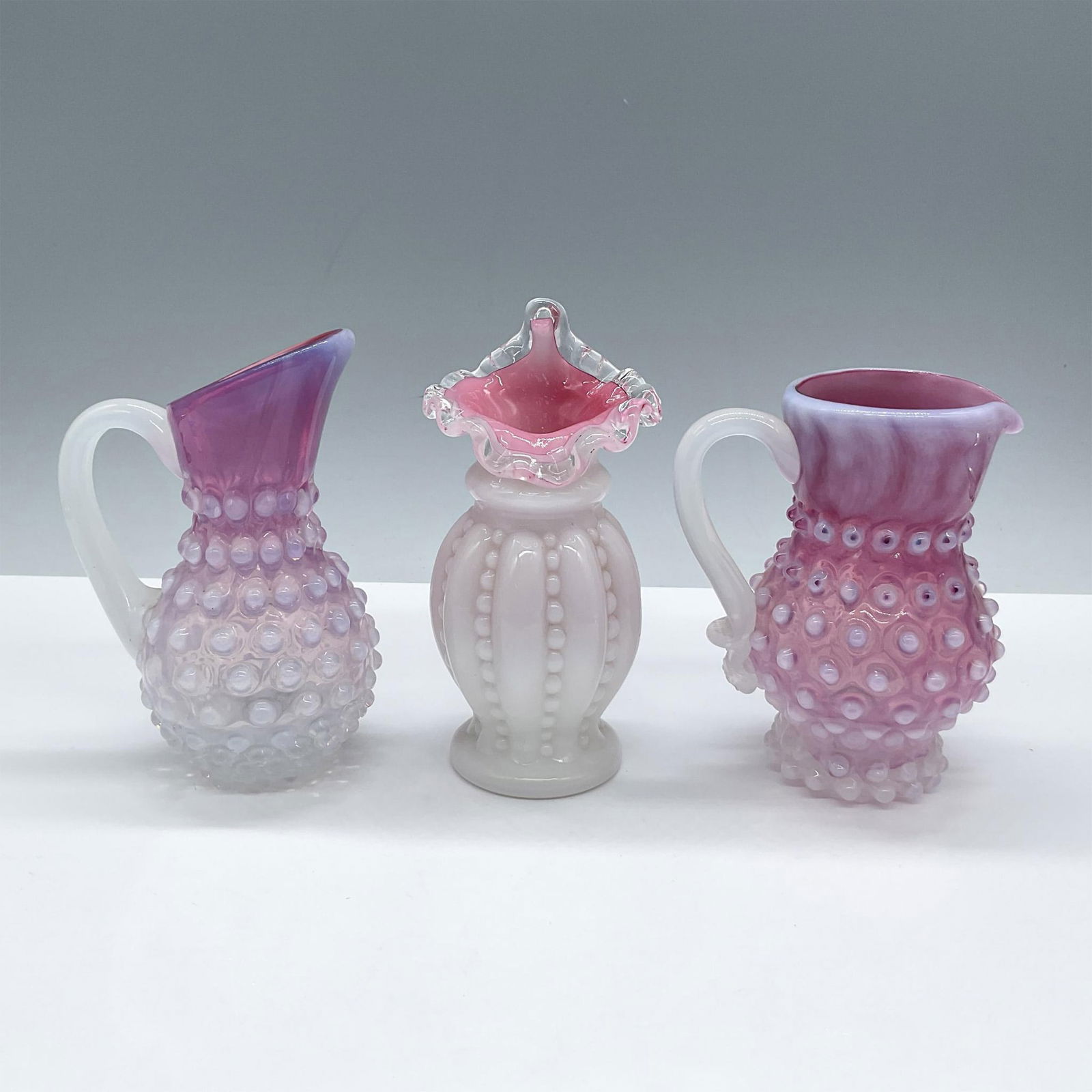 3pc Cranberry Art Glass Jugs and Vase, Hobnail (1 of 4)