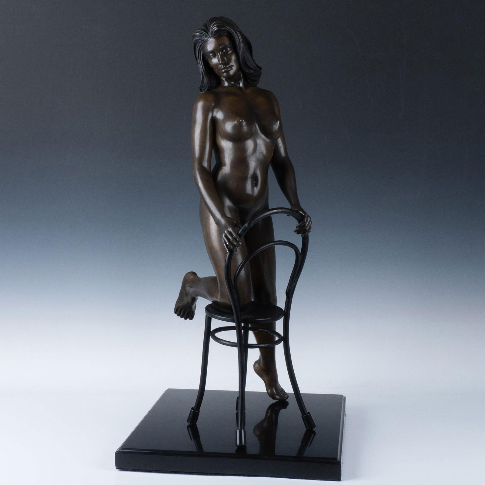 2pc Bill Mack Trial Proof Bronze Nude Sculpture with Base: Trial Proof 5 of 5. Designed by Bill Mack, American, born in 1949. A beautiful nude sculpture of a beauty posing on a chair with one leg propped on the seat. Marked: TP 5 of 5, and artist signature. T