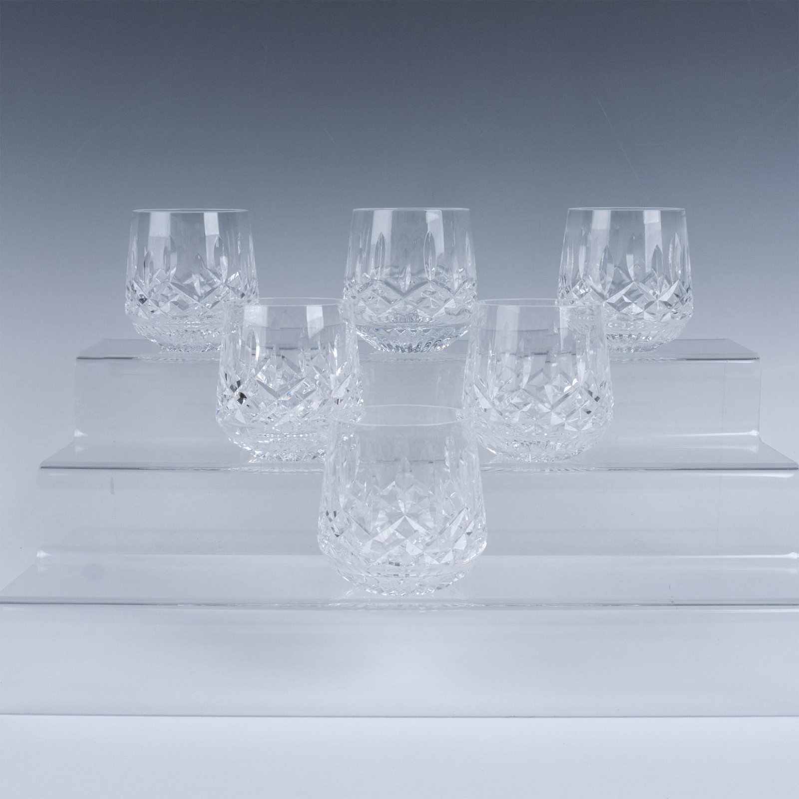 6pc Waterford Crystal Old Fashioned Glasses, Lismore: Gorgeous set of short clear crystal glasses in the Lismore pattern. Waterford acid mark. Issued: 20th century Dimensions: 3.5''L x 3''dia, Each Manufacturer: Waterford Country of Origin: Ireland