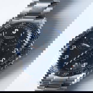 Victorinox Swiss Army Chronograph Classic Watch: Victorinox Swiss Army Chrono Classic XLS. Stopwatch up to thirty minutes. Solid stainless steel case and bracelet with blue dial and three subdials. Tachymeter scale on bezel. Date calendar at six o`c