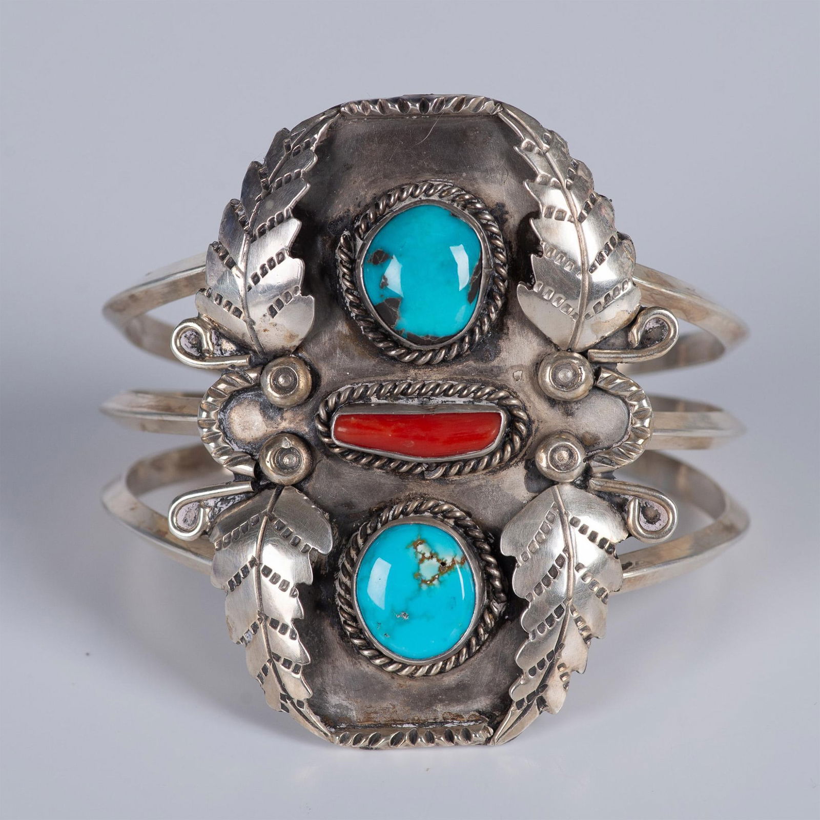 Navajo Chunky Sterling, Coral, and Turquoise Cuff Bracelet (1 of 5)