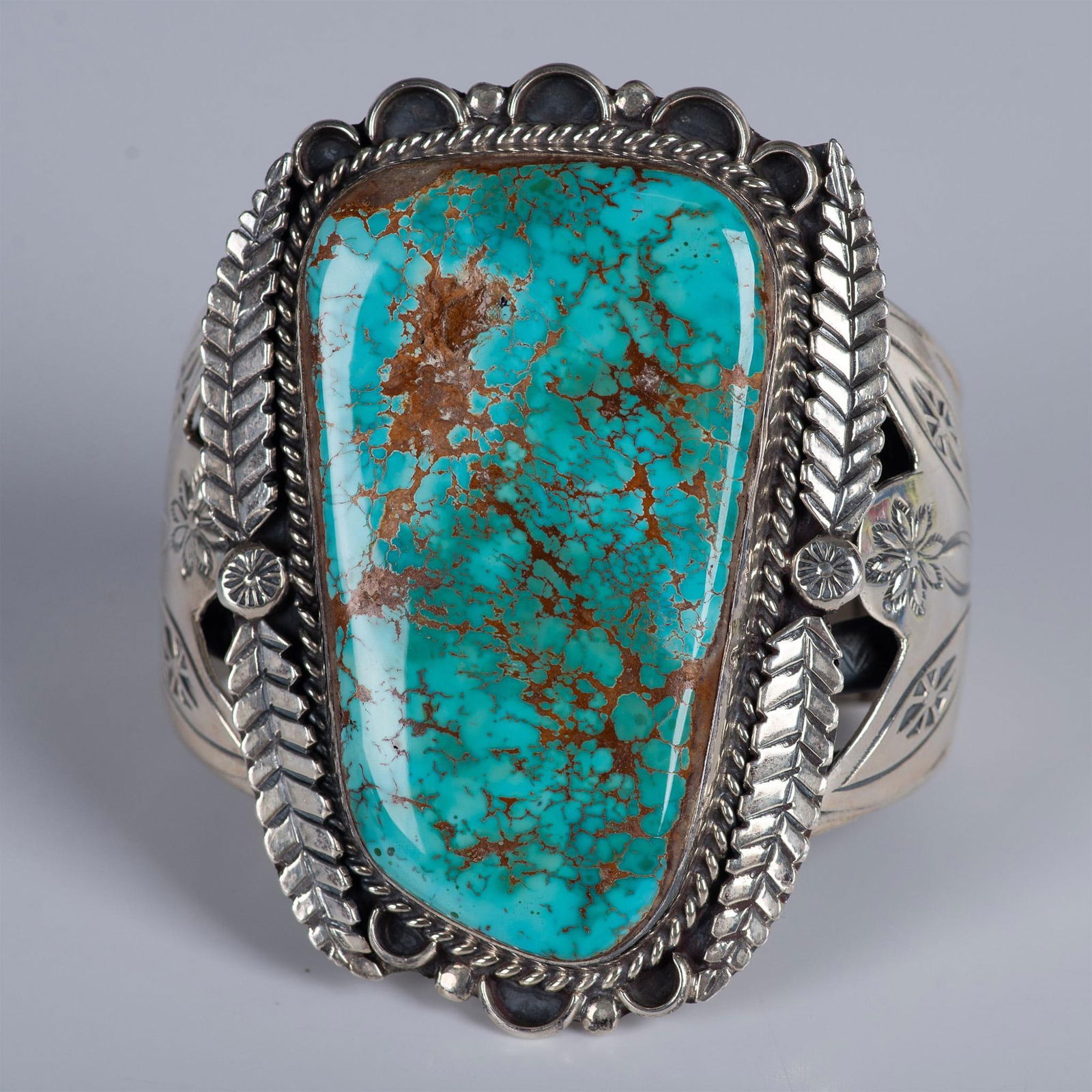 Handmade Navajo Floral Sterling & Turquoise Cuff Bracelet (1 of 6)