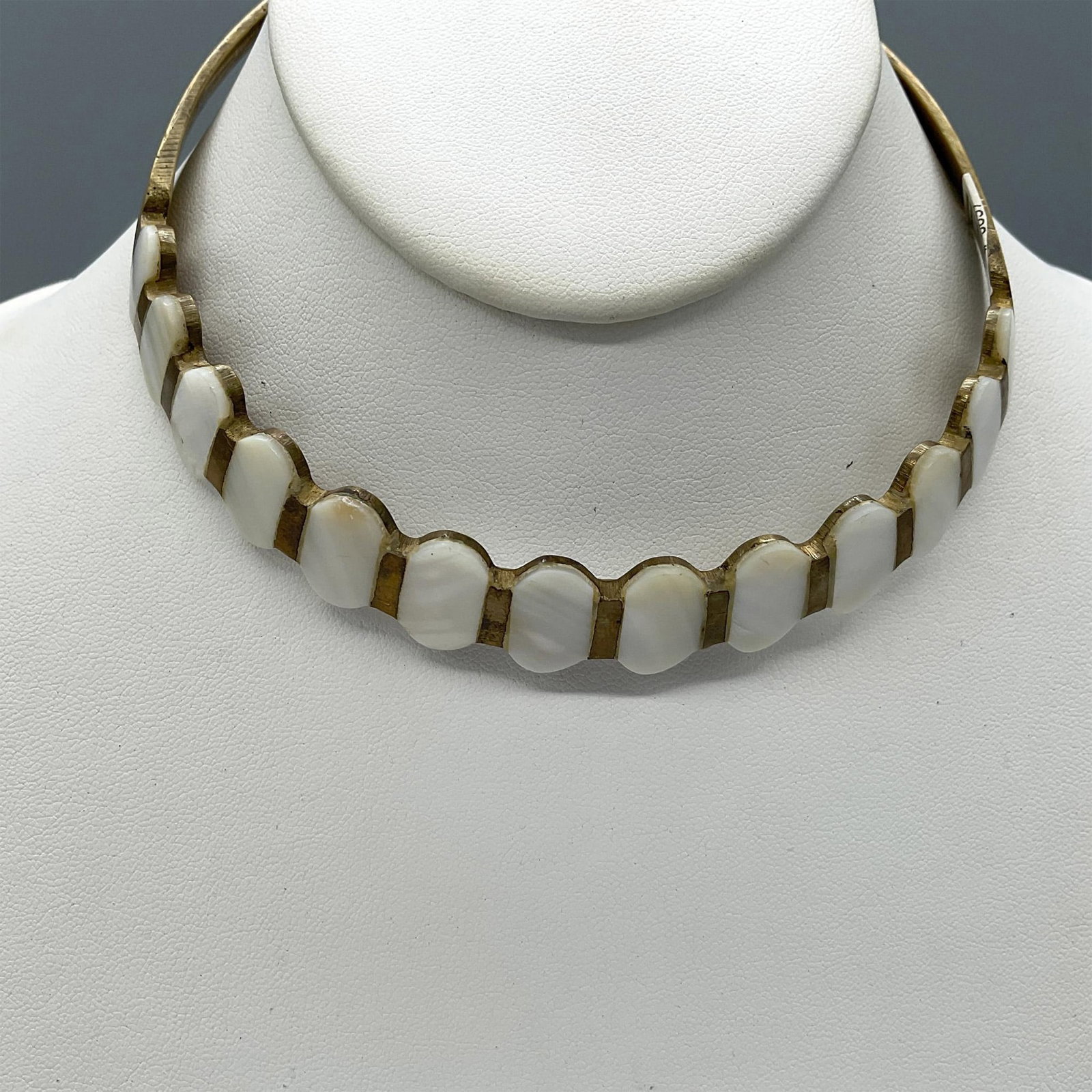 Khalaf Brass Mother of Pearl Collar Necklace: Choker necklace with inset Mother of Pearl. Issued: 20th century Dimensions: 4.5"L x 4.5"W