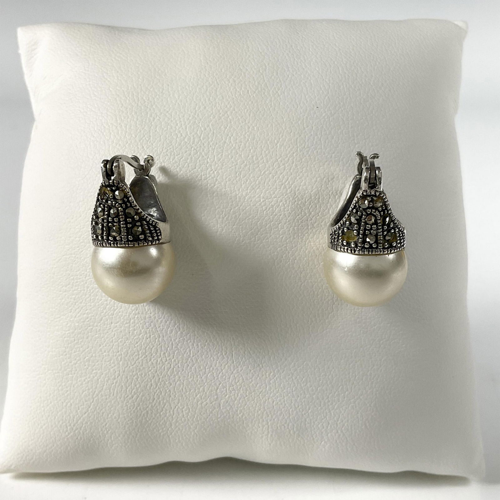 Vintage Sterling, Faux Pearl, and Marcasite Drop Earrings (1 of 3)