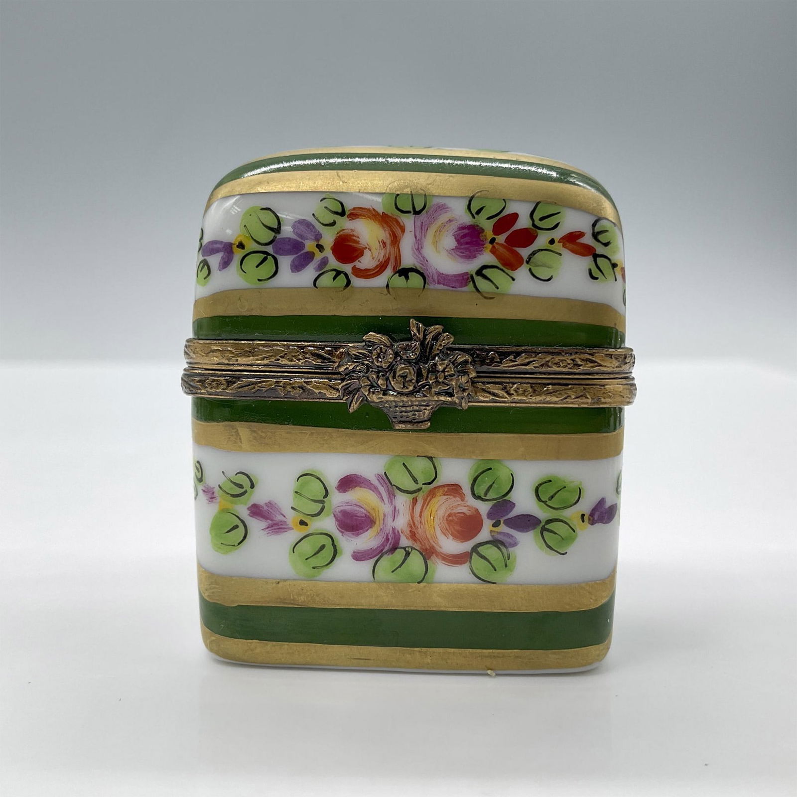 Limoges Porcelain Treasure Box, Floral Green Chest (1 of 4)