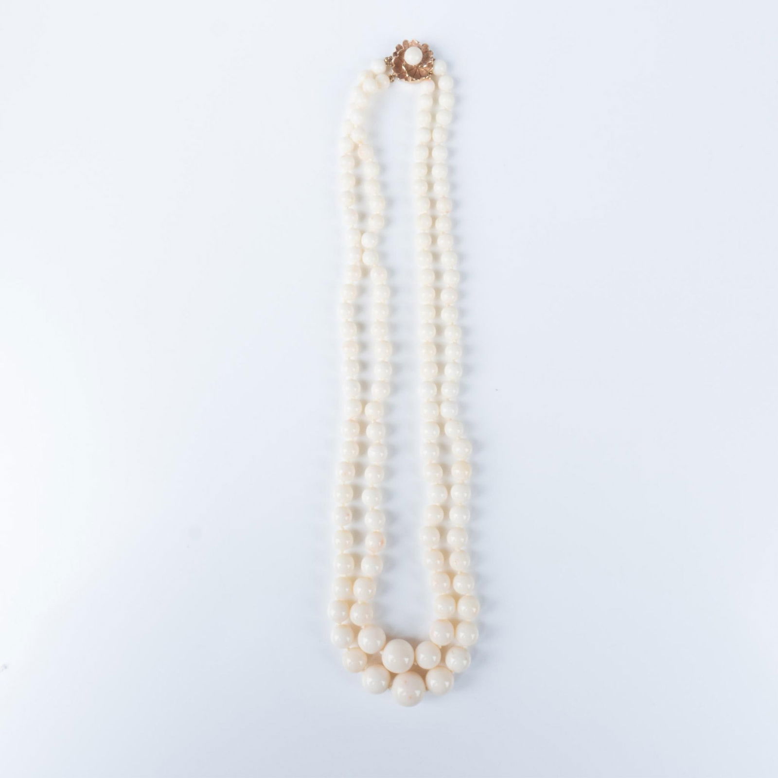 14K Gold Two Strand Angel Skin Coral Bead Necklace (1 of 5)