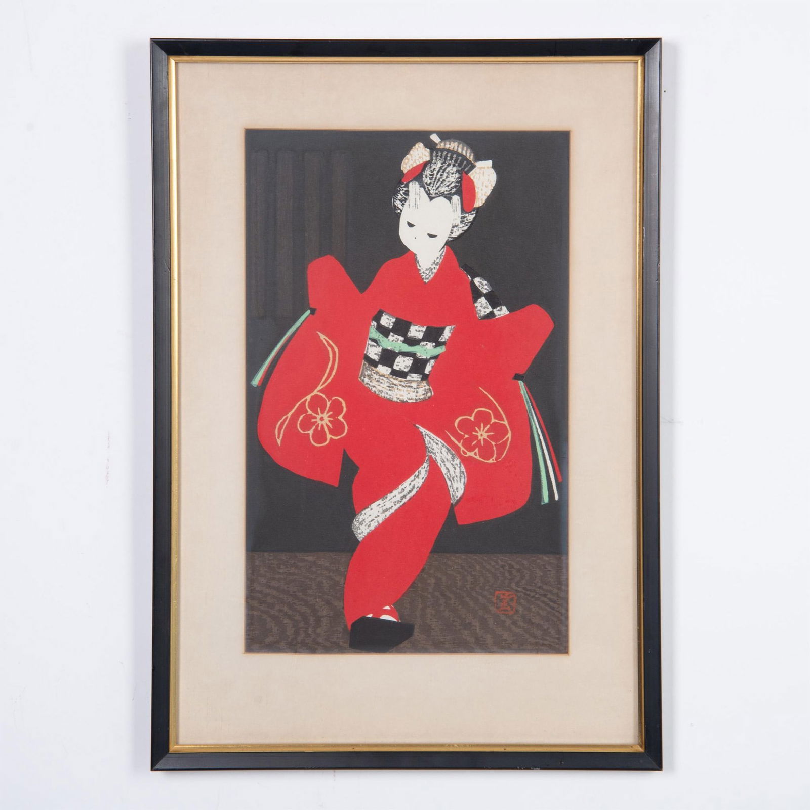 Kaoru Kawano, Original Color Woodcut on Paper, Signed: Original color woodcut on paper attached to mat by Japanese woodblock artist Kaoru Kawano who represents a red kimono dancing Kamuro whom he places on a dark brown mat. Red seal on lower right. Housed