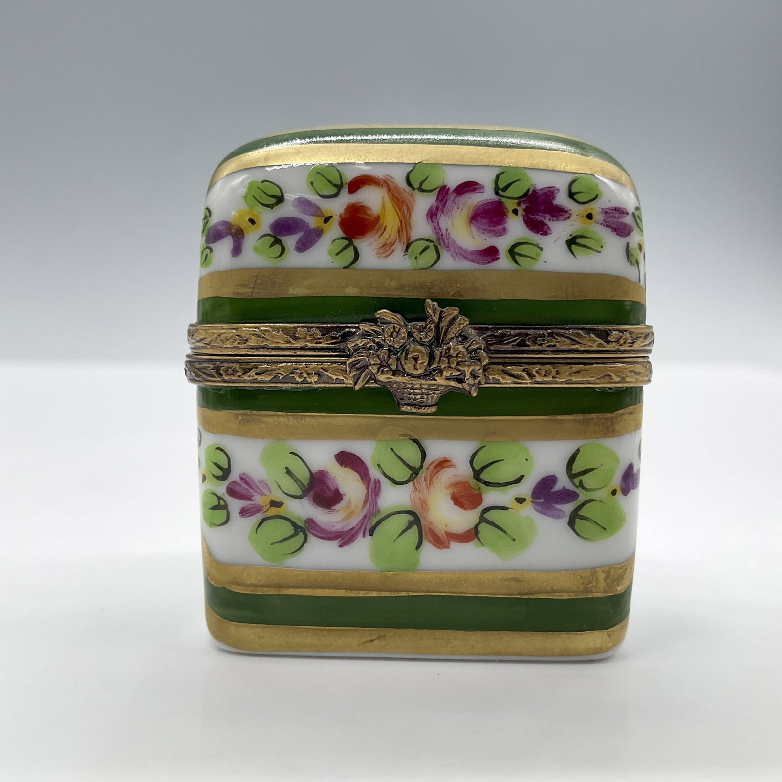 Limoges Porcelain Treasure Box, Floral Green Chest (1 of 4)