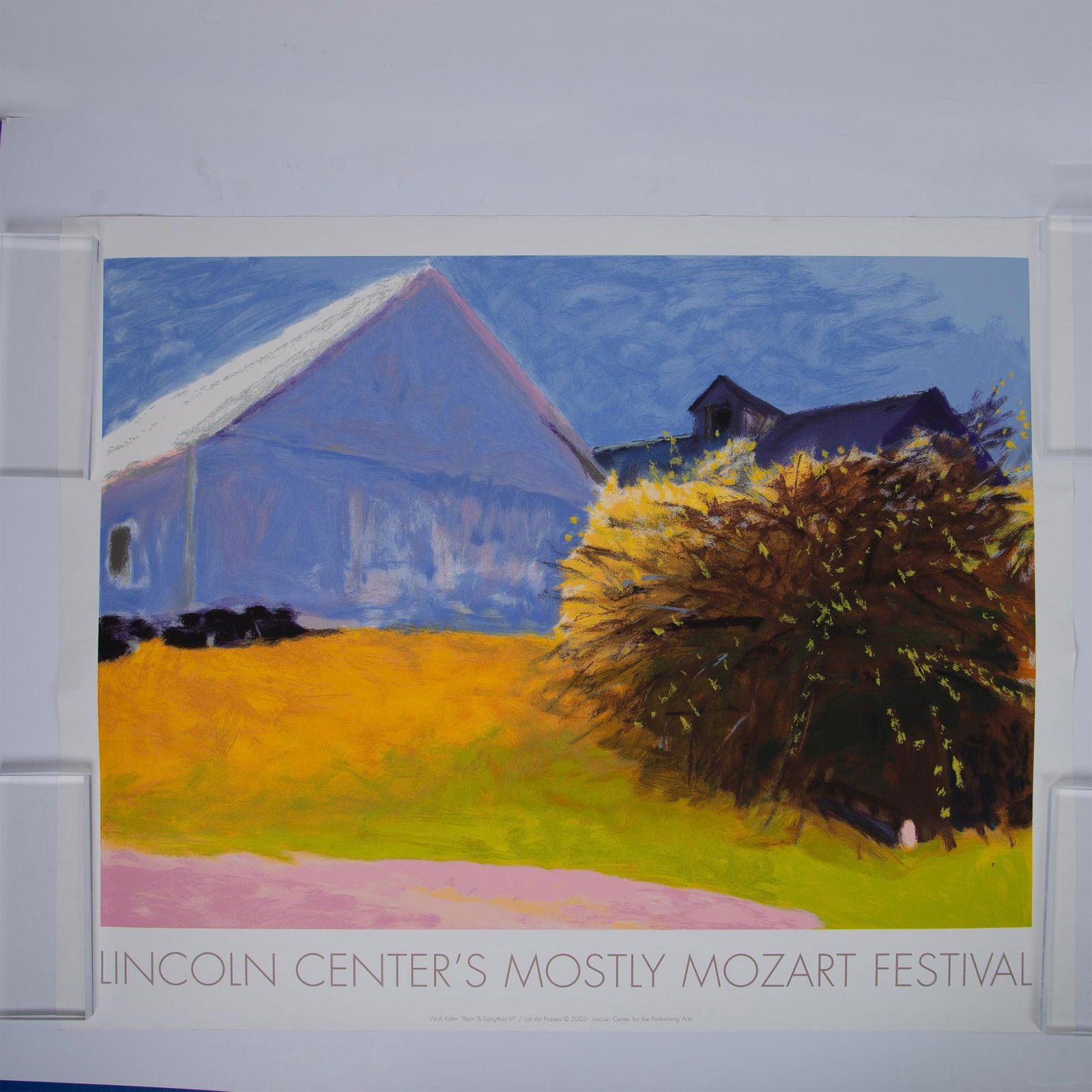 Wolf Kahn, Original Color Silkscreen Poster, Lincoln Center: Large color silkscreen on heavy paper after Wolf Kahn's original Barns & Forsythia IV printed by List Art Poster for The Lincoln Center's Mostly Mozart Festival in 2003. Artist: Wolf Kahn (German/Amer
