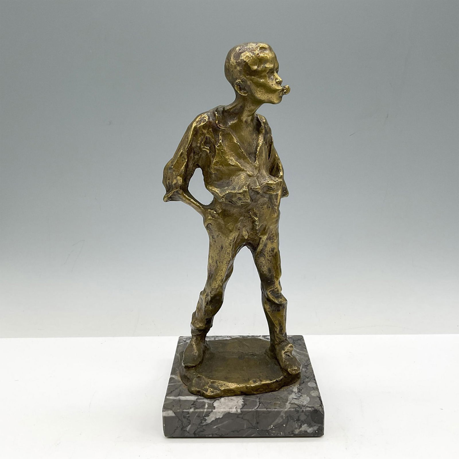 Bronze Sculpture Set on Marble, Boy Smoking Pipe (1 of 3)