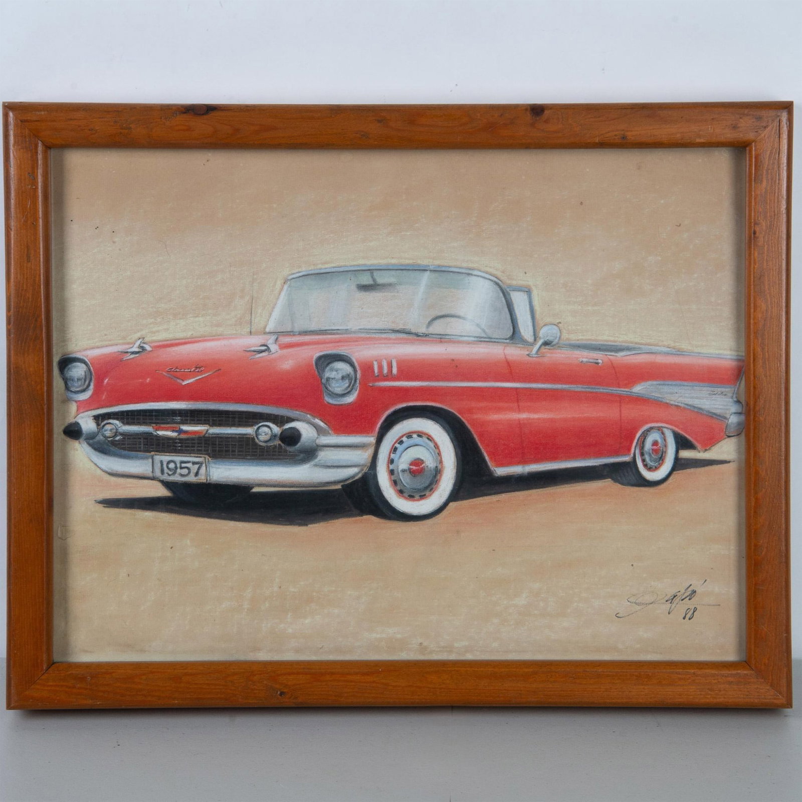 Original Pastel on Paper, Retro Chevrolet Bel Air, Signed: Awesome original pastel on paper featuring a classic 1957 red and white Chevrolet Bel Air. Signature and date on lower right side: Illegible 88. Housed in heavy chestnut color wood frame. Artwork dime