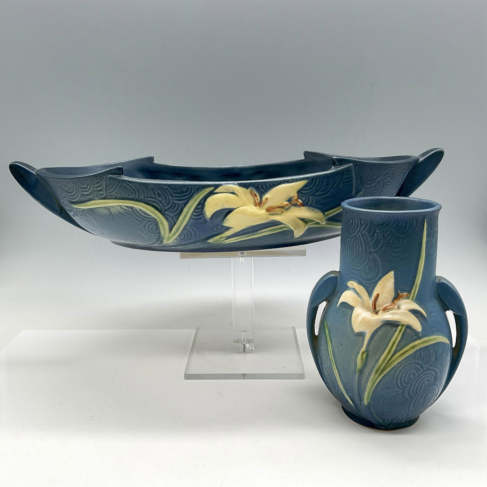 2pc Roseville Pottery Blue Console Bowl + Vase, Zephyr Lily (1 of 4)