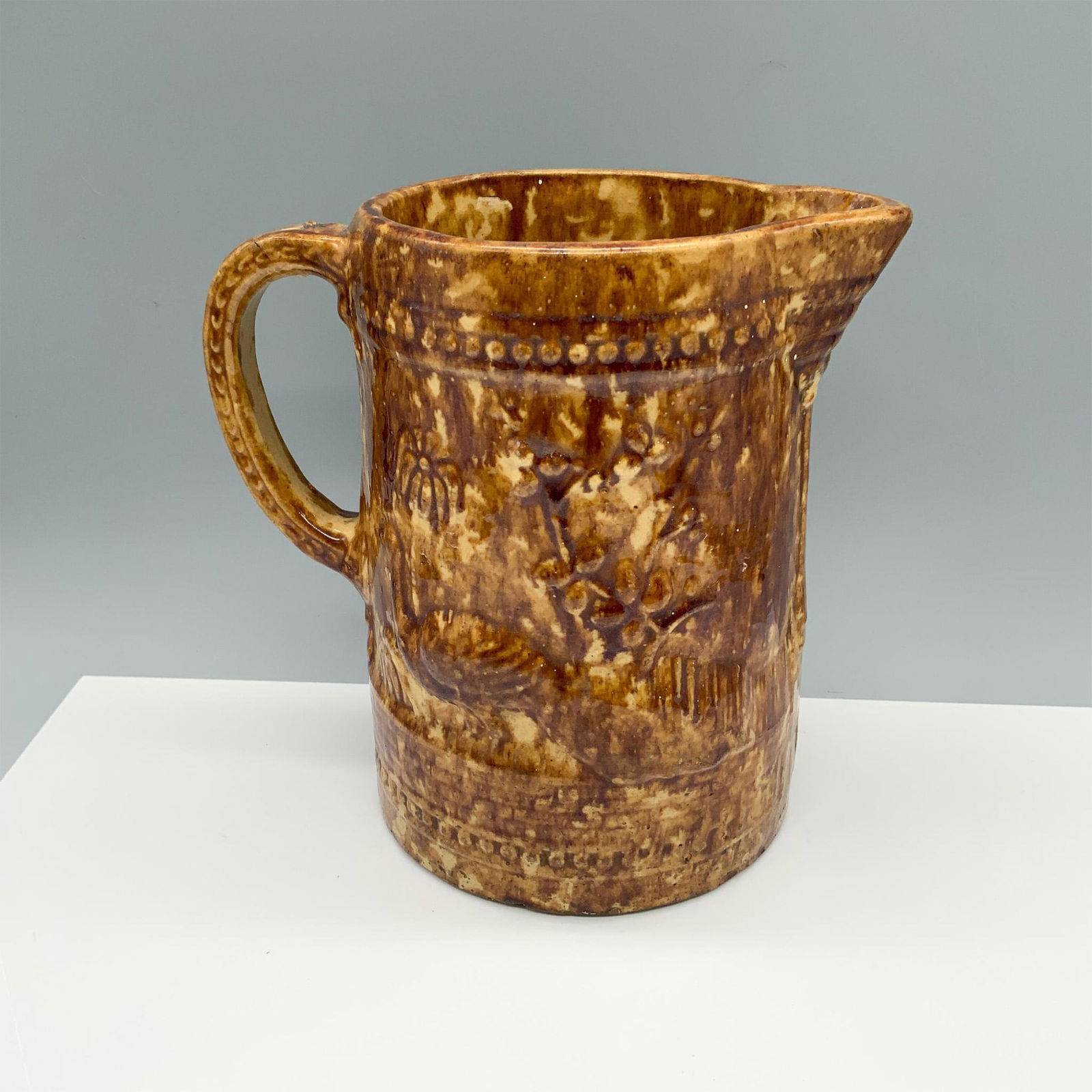 Antique Spongeware Bennington Yellowware Peacock Pitcher (1 of 4)