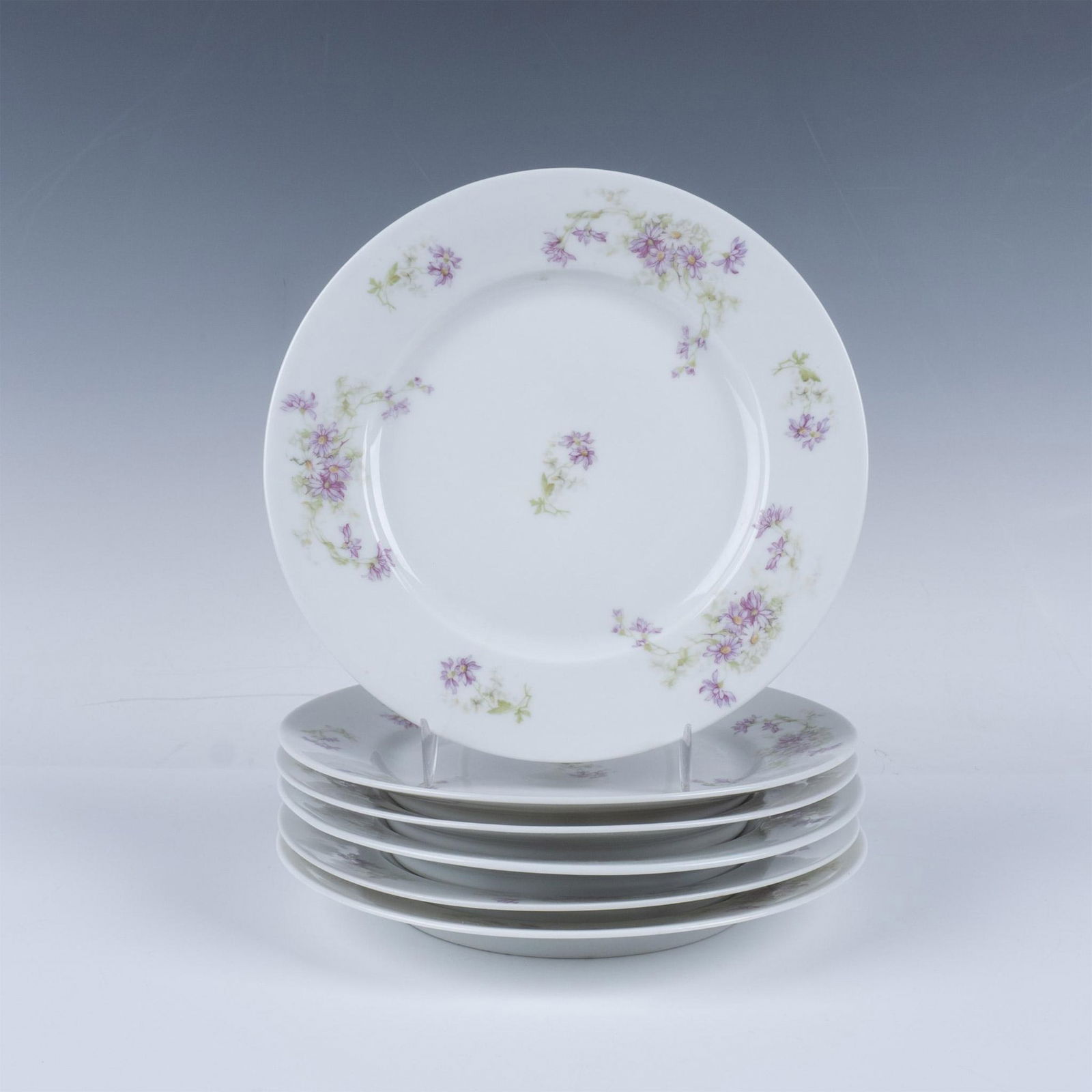6pc Moritz Zdekauer Porcelain Floral Bread and Butter Plates: A set of 6 white round plates adorned with pink flowers. Moritz Zdekauer backstamps. Issued: 1884 - 1909 Dimensions: 7.75"W x 1"H Manufacturer: Moritz Zdekauer Country of Origin: Austria