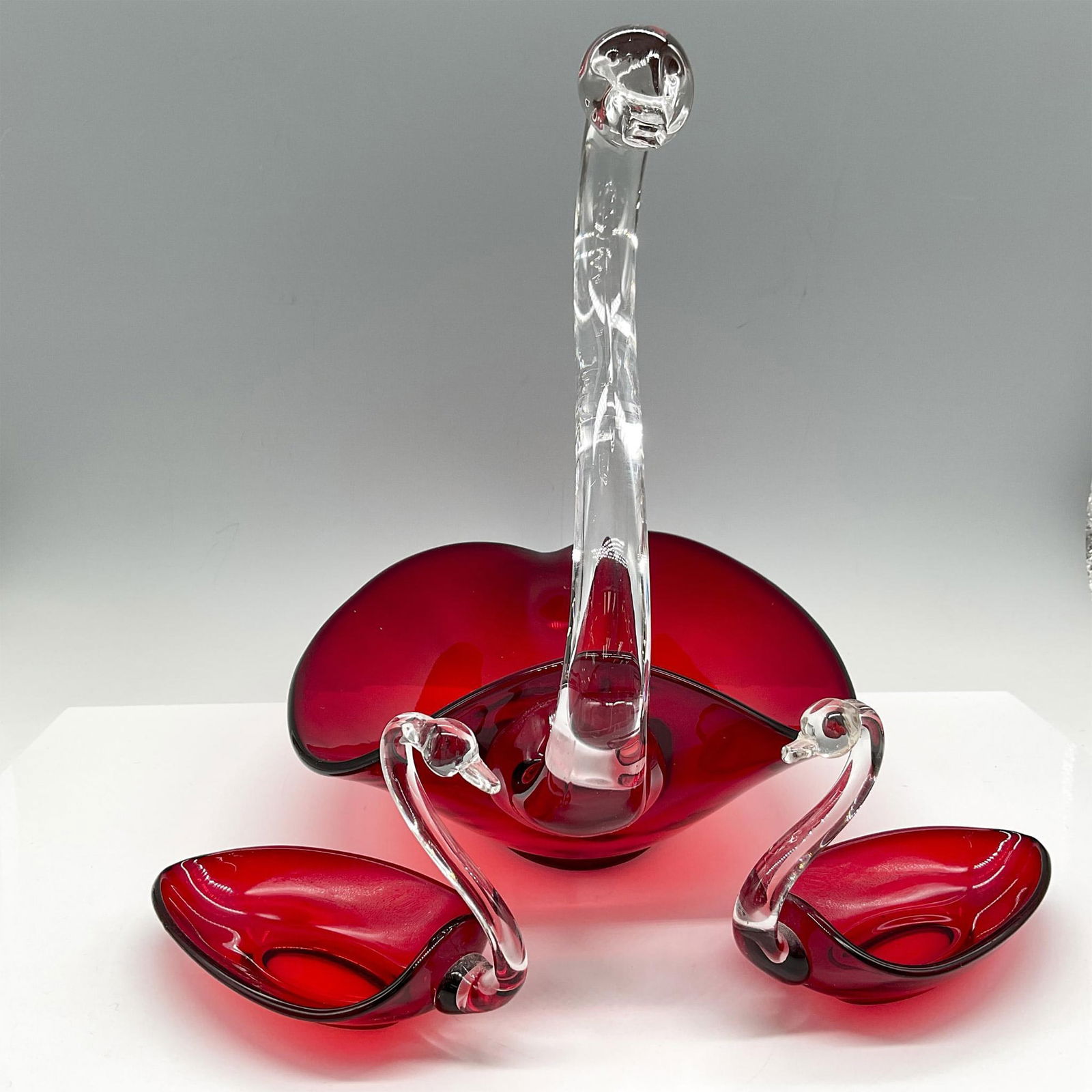 3pc Vintage Ruby Red Glass Swan Console Bowl Set (1 of 3)