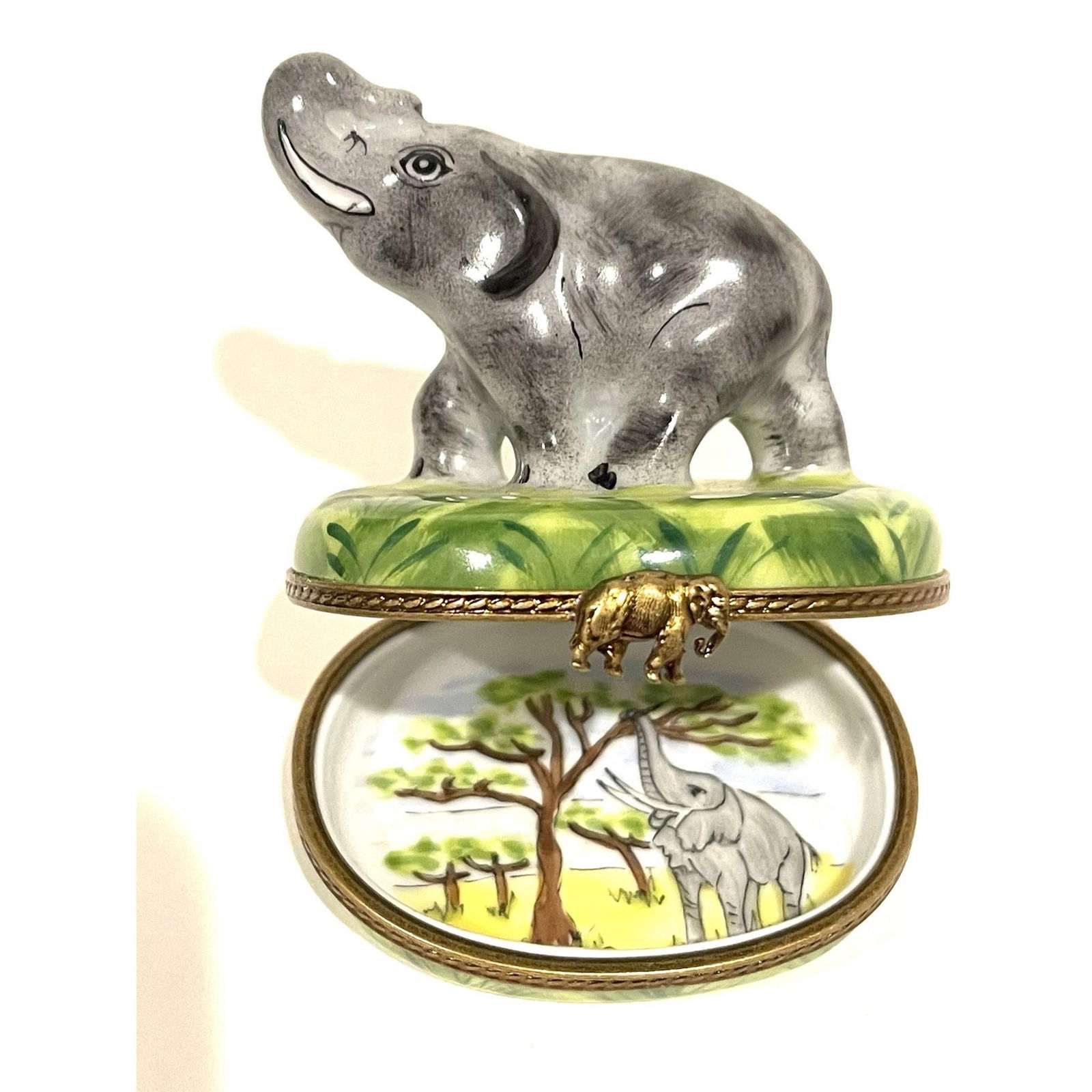 Limoges France Keepsake Box, Trunk Up Gray Elephant (1 of 5)