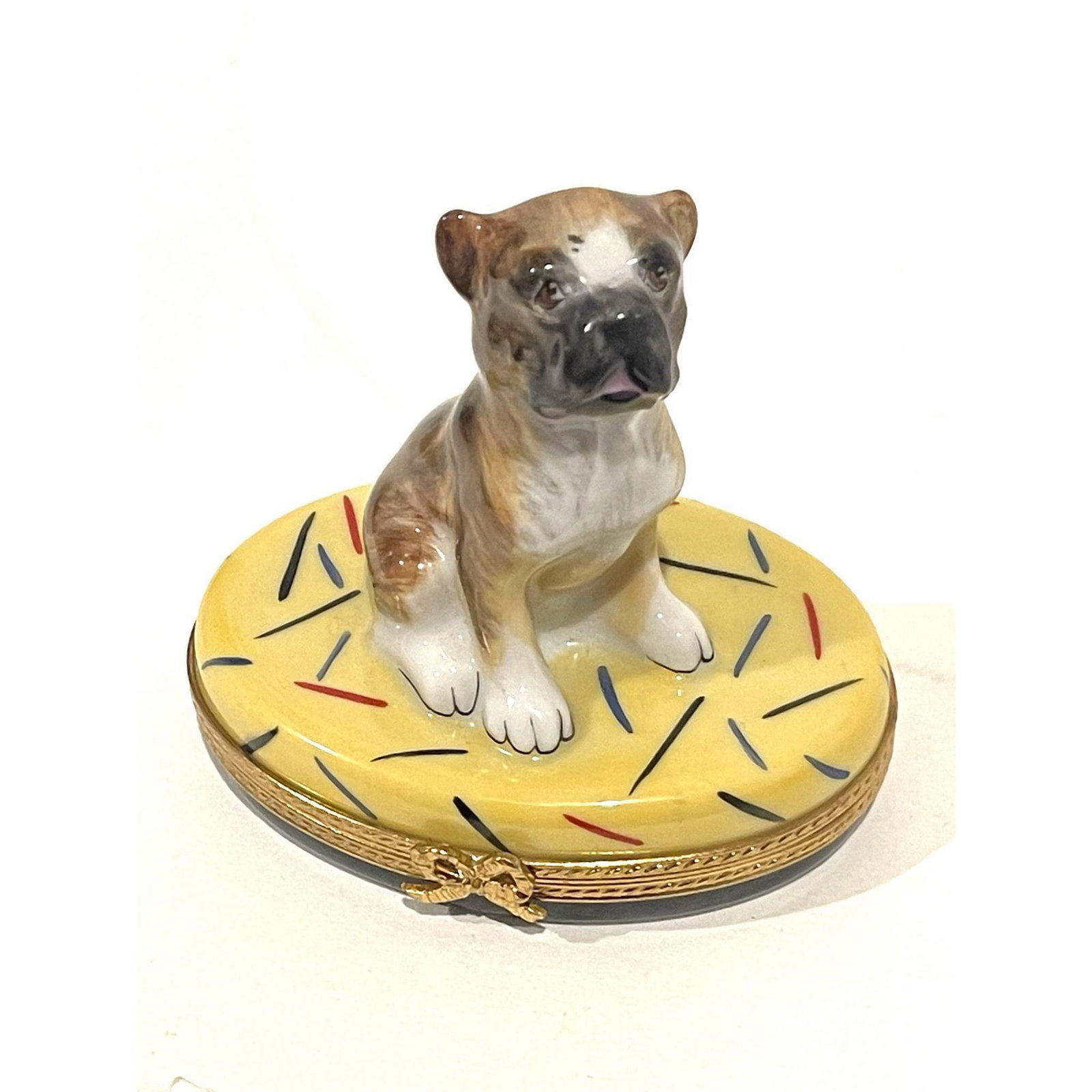 Rare Limoges Keepsake, Playful Boxer with Hedgehog, Signed: Rare, beautifully crafted mini box features handsome Boxer Dog, seated on pale yellow oval box with strokes of red, blue and black. Inside is adorable hedgehog. Intricate metalwork and sweet bow hinge