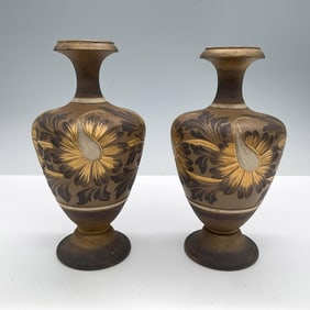 2pc Doulton Lambeth Silicon Ware Vases, Floral Gilded