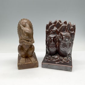 2pc Doulton Lambeth Stoneware Bookends, Owls & Squirrel