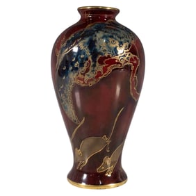 Bernard Moore Small Flambe Vase, Owl and Mice