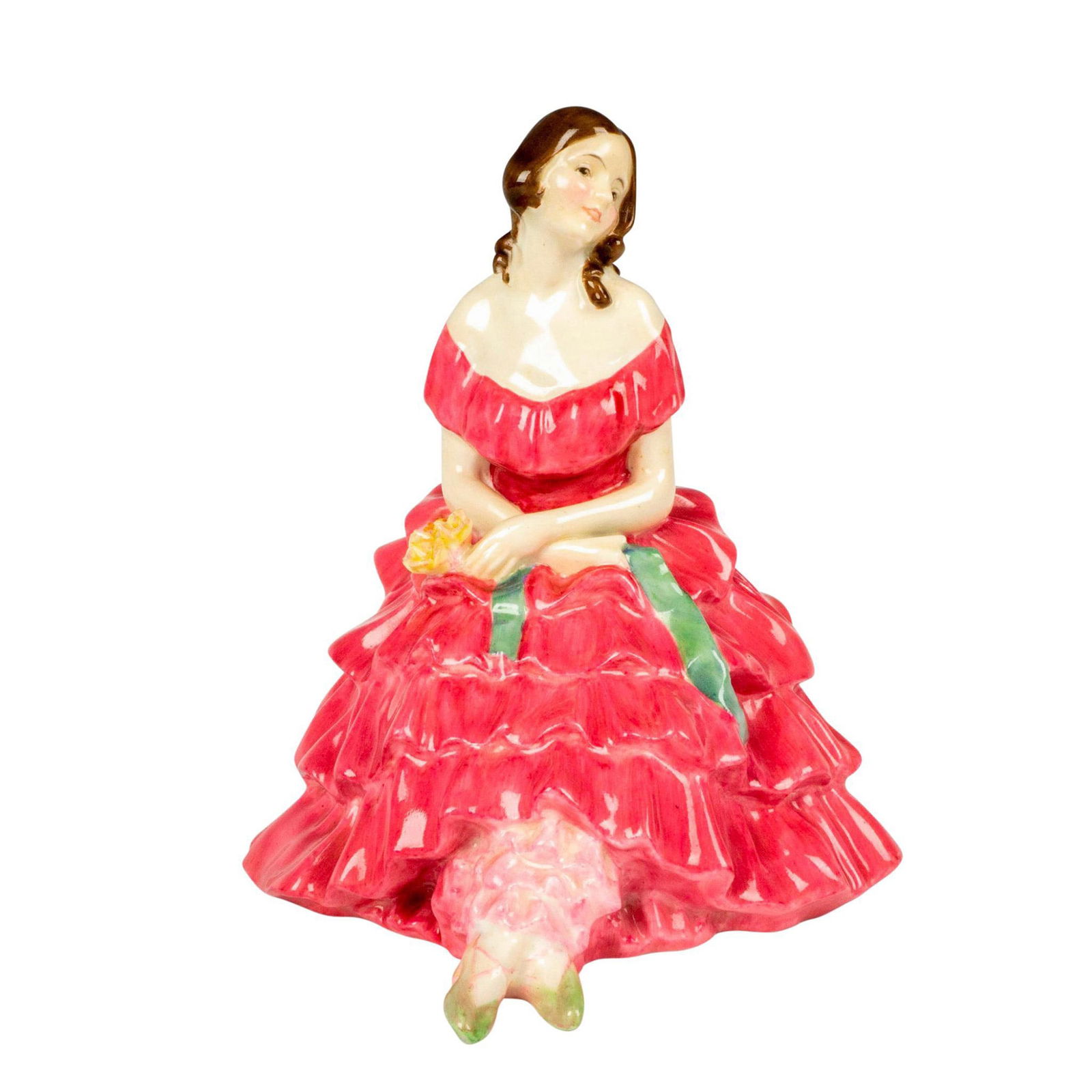 Gwendolen HN1570 - Royal Doulton Figurine: Very rare version; Glaze finish modeled as a pretty lady sitting, holding flowers in pink red gown with a green ribbon sash and shoes. Handwritten title and HN number. Royal Doulton backstamp. Artist: