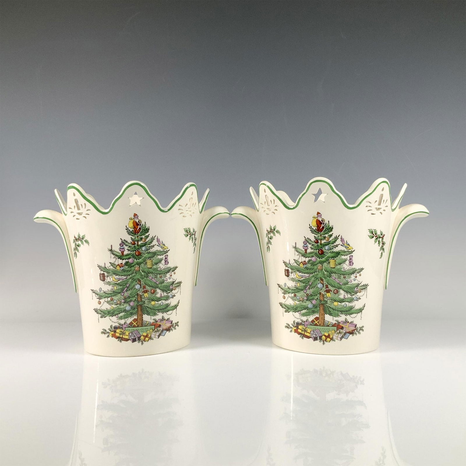 2pc Spode Wine Coolers, Christmas Tree: Pierced Christmas wine coolers, each measuring 10.5"W x 8.75"H. Stamped Spode. Dimensions: See Description Manufacturer: Spode Country of Origin: England