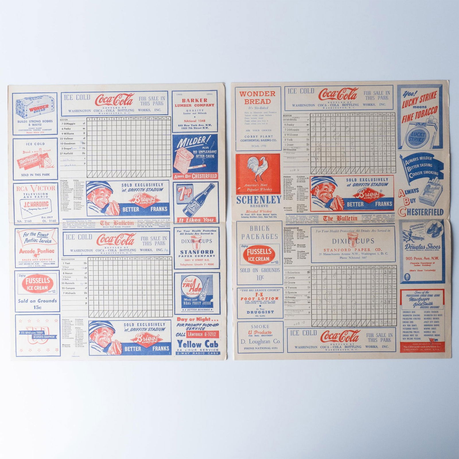 2pc Baseball Scorecards/Programs 1951 and 1946: This pair of baseball memorabilia includes a 1946 scorecard and a 1951 scorecard, both from the Washington Baseball Club. Issued: 1951 and 1946 Dimensions: 7"L x 11"H