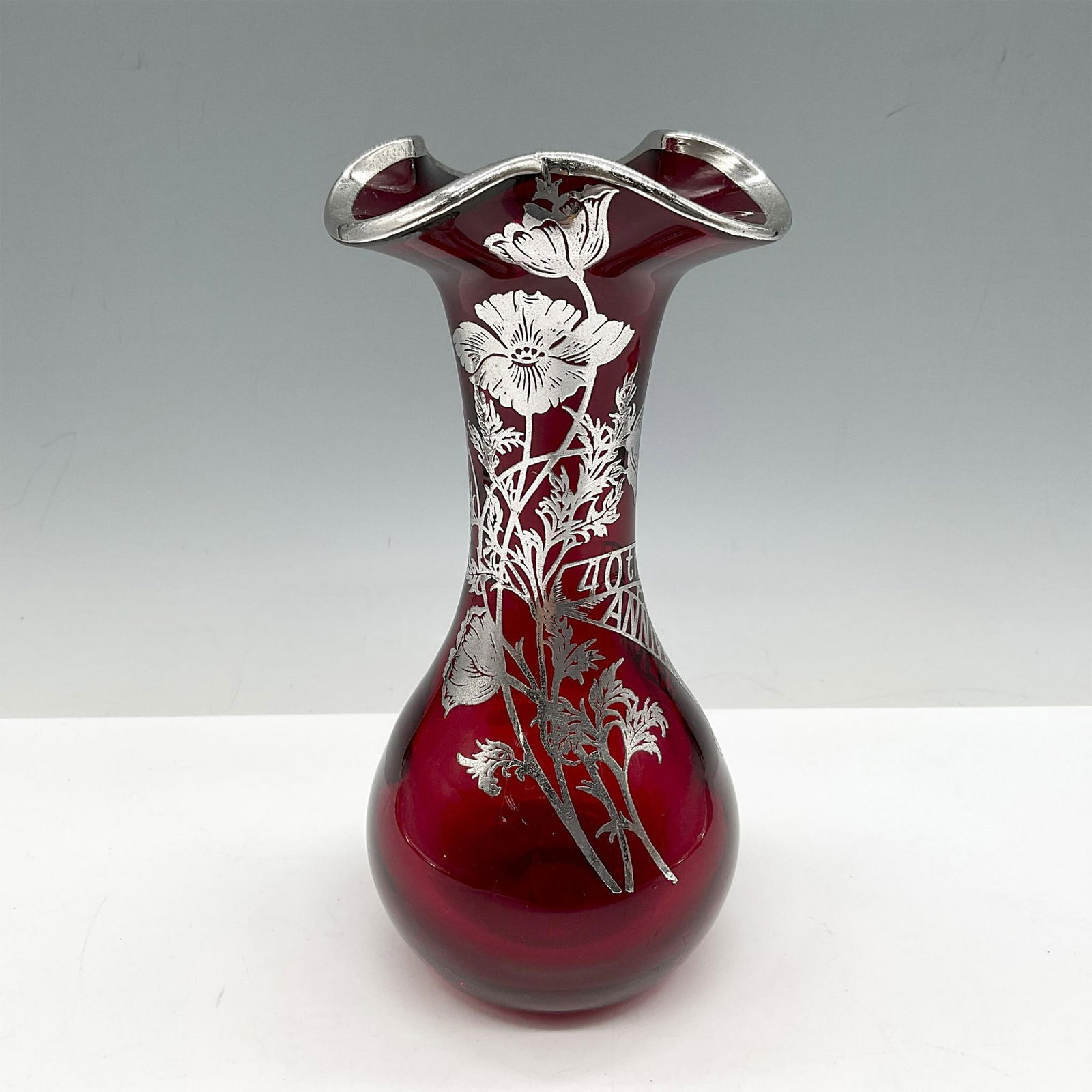 Vintage Ruby Red Vase with Silver Overlay (1 of 4)